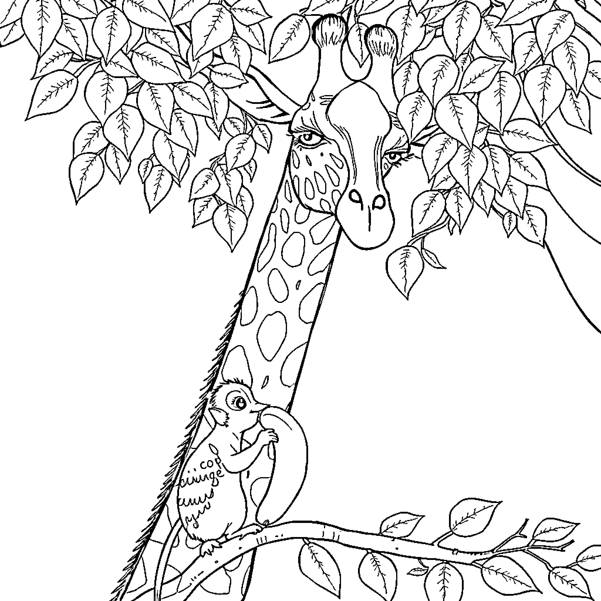 Giraffe and parrot exploring the leaves Coloring Page (free black-and-white line drawing printable PDF for all, from beginners to advanced learners, including children, teens, adults, and seniors)