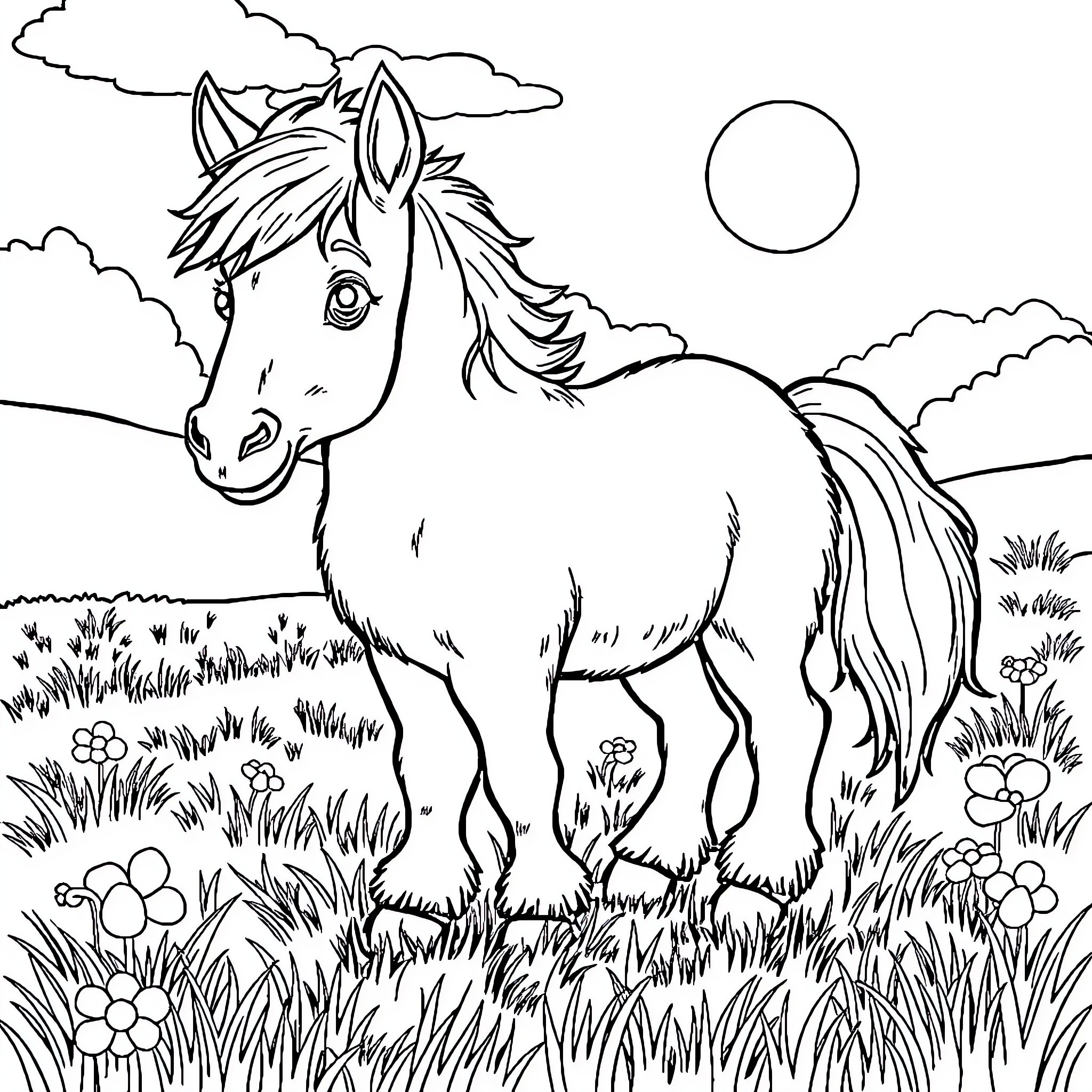 Pony standing in a grassy field under the sun Coloring Page (free black-and-white line drawing printable PDF for all, from beginners to advanced learners, including children, teens, adults, and seniors)