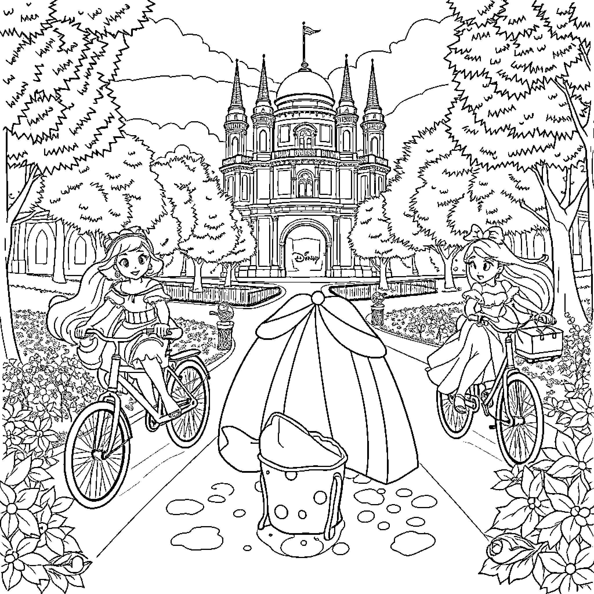 Princesa Exploring the Palace Grounds with Friends Coloring Page (free black-and-white line drawing printable PDF for all, from beginners to advanced learners, including children, teens, adults, and seniors)