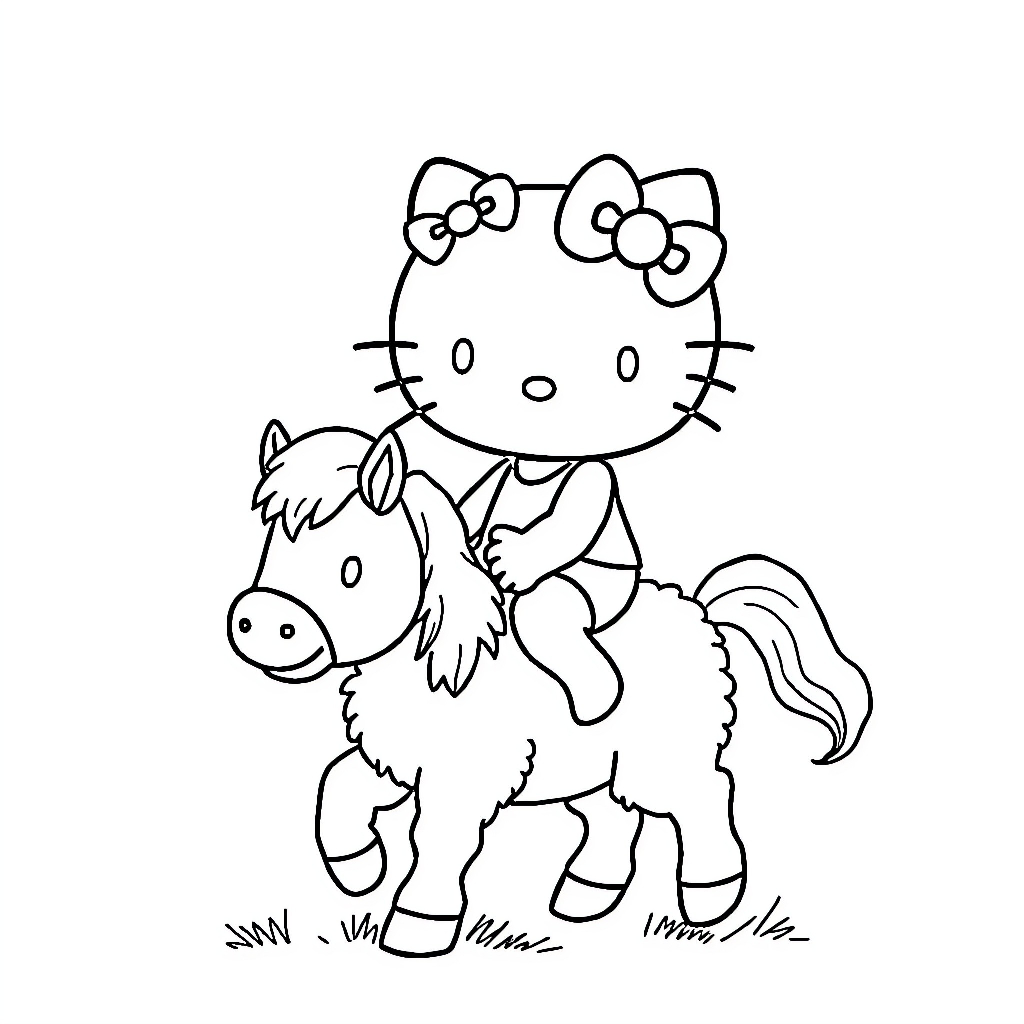 Hello Kitty riding a pony happily Coloring Page (free black-and-white line drawing printable PDF for all, from beginners to advanced learners, including children, teens, adults, and seniors)