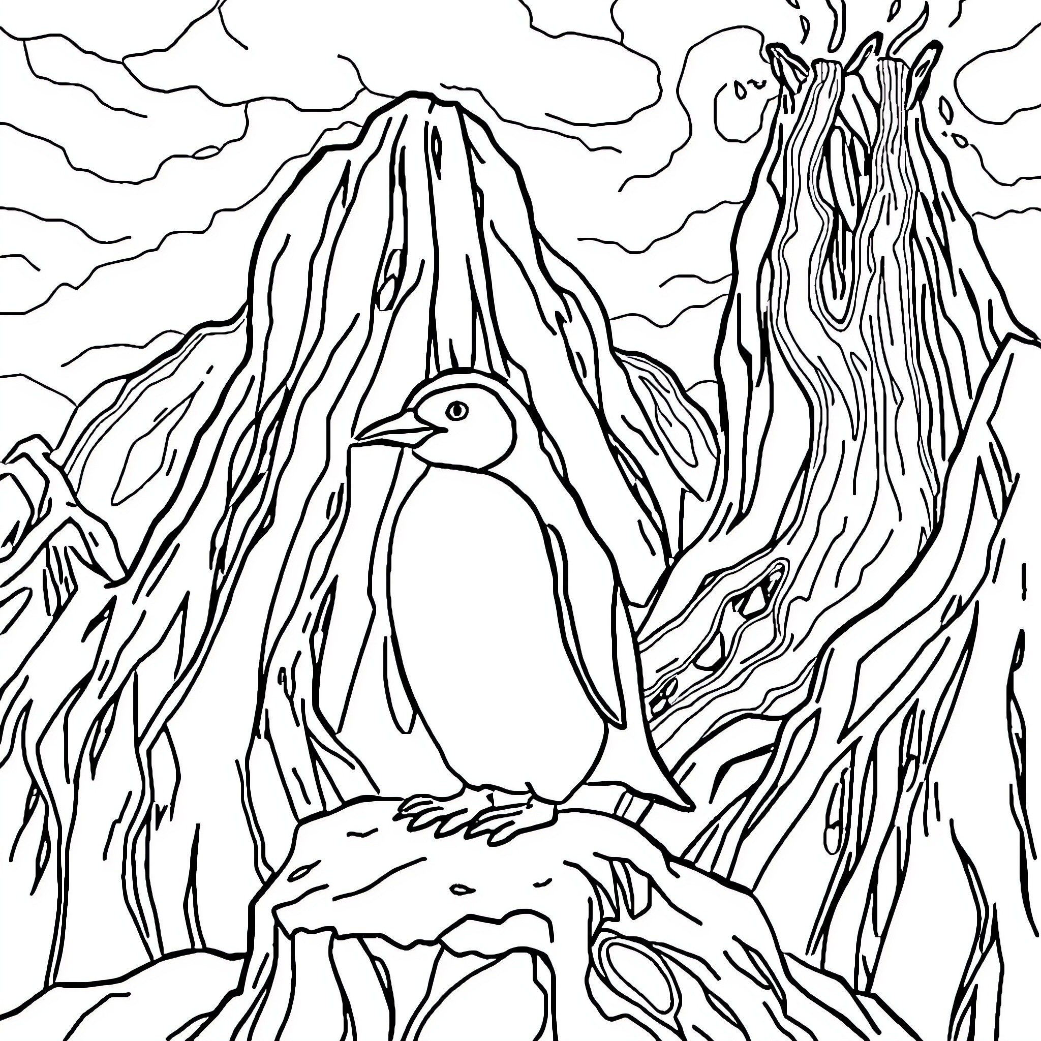 Penguin among towering rock formations Coloring Page (free black-and-white line drawing printable PDF for all, from beginners to advanced learners, including children, teens, adults, and seniors)