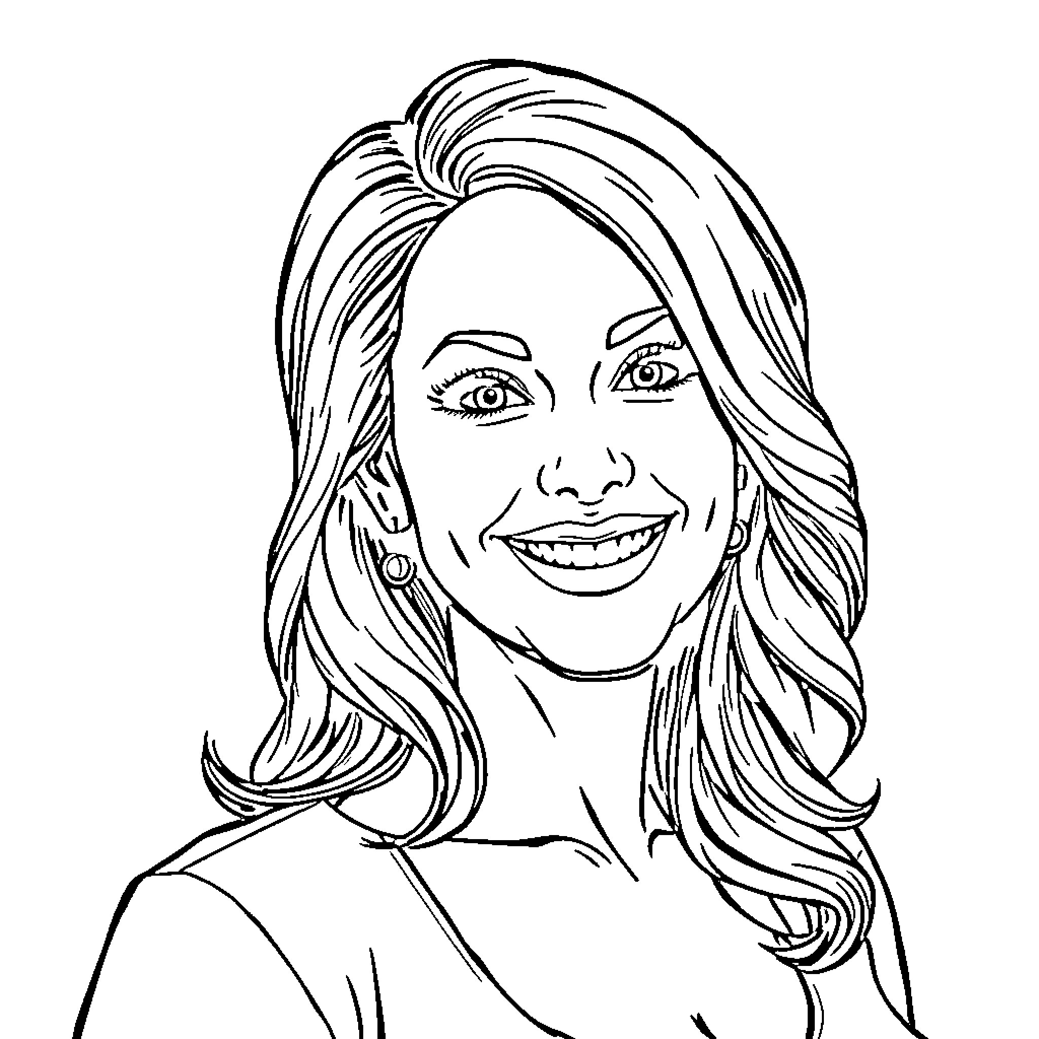 Lisa Ann's Happy and Confident Expression Coloring Page (free black-and-white line drawing printable PDF for all, from beginners to advanced learners, including children, teens, adults, and seniors)