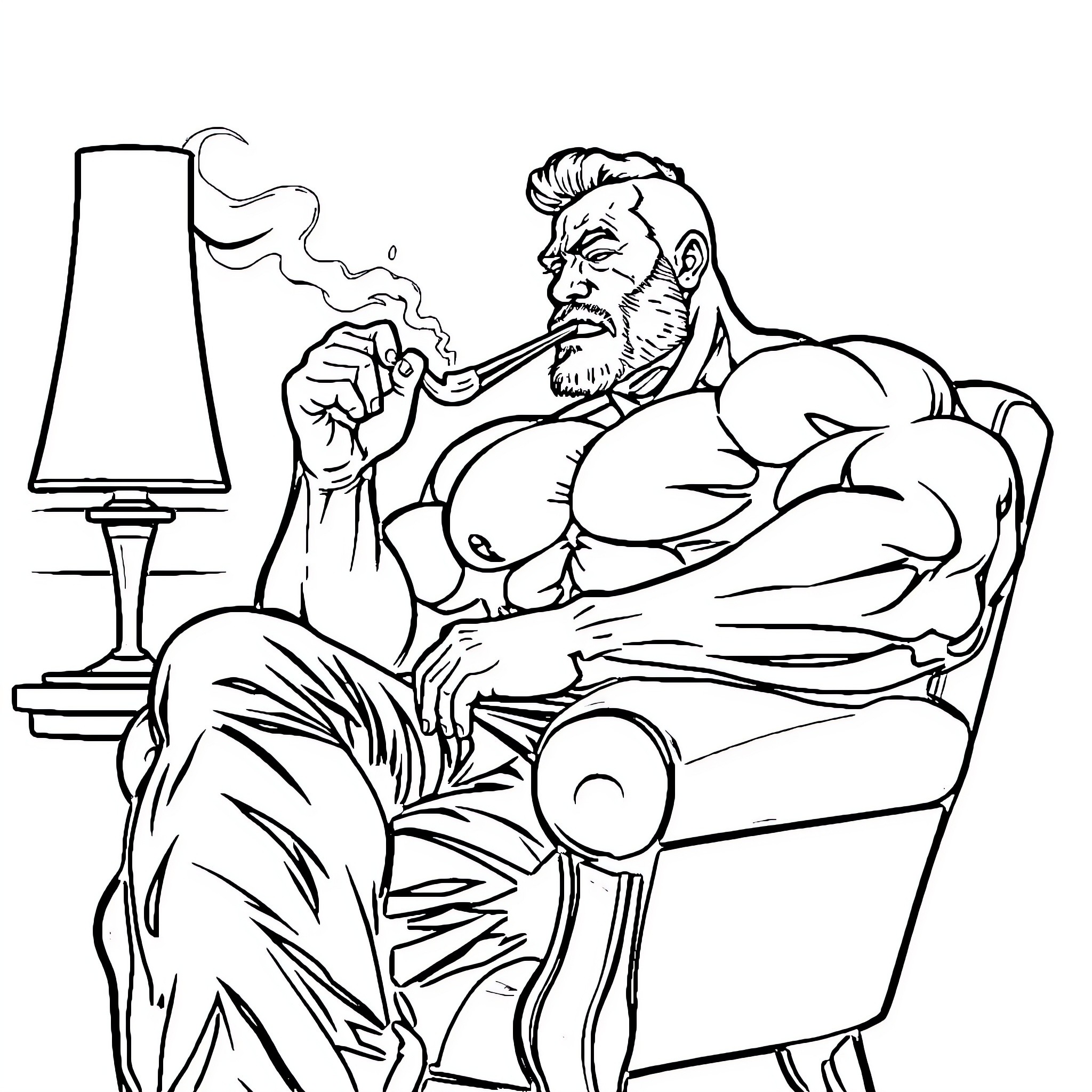 Bodybuilder relaxing in chair and smoking pipe Coloring Page (free black-and-white line drawing printable PDF for all, from beginners to advanced learners, including children, teens, adults, and seniors)