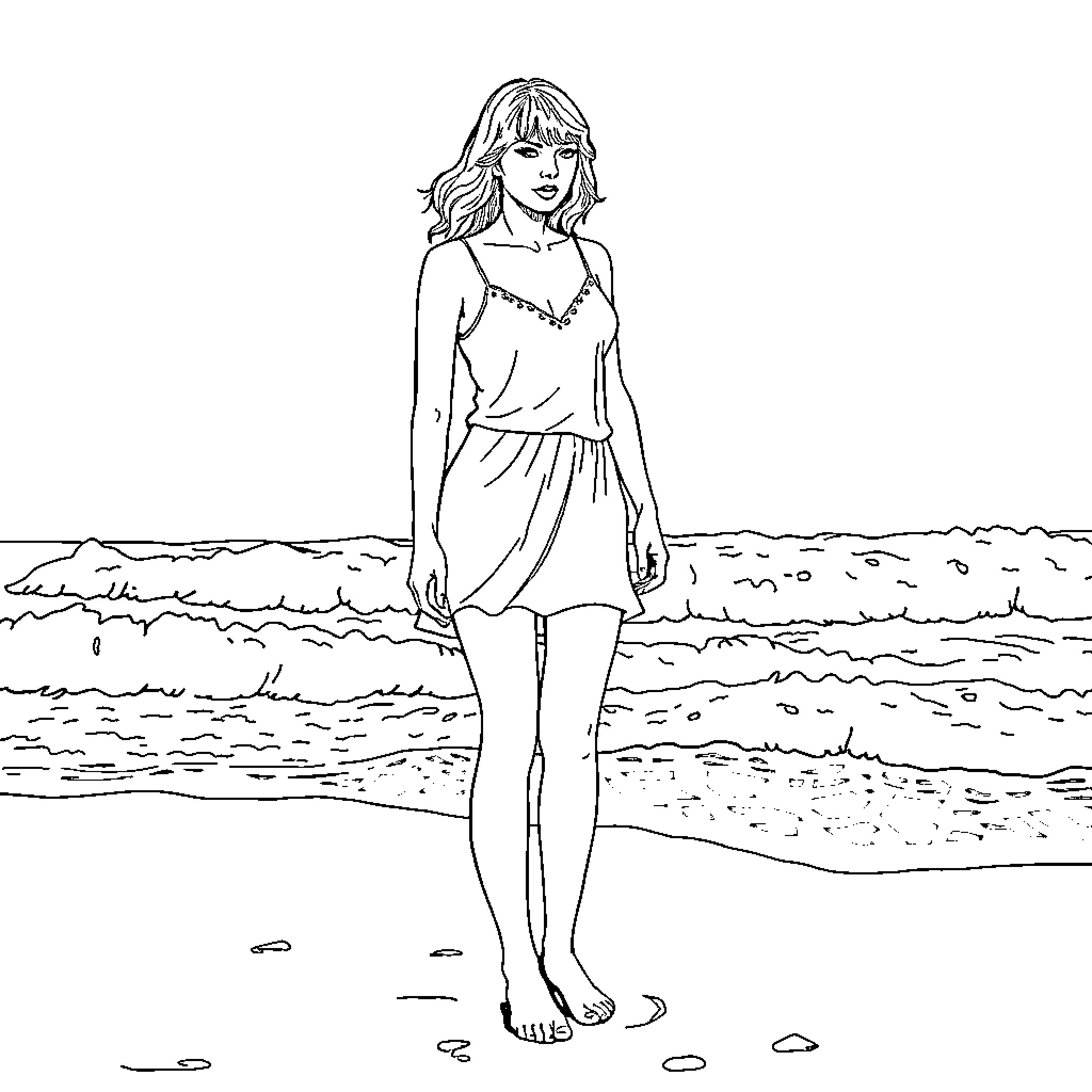 Taylor Swift walking on the beach Coloring Page (free black-and-white line drawing printable PDF for all, from beginners to advanced learners, including children, teens, adults, and seniors)