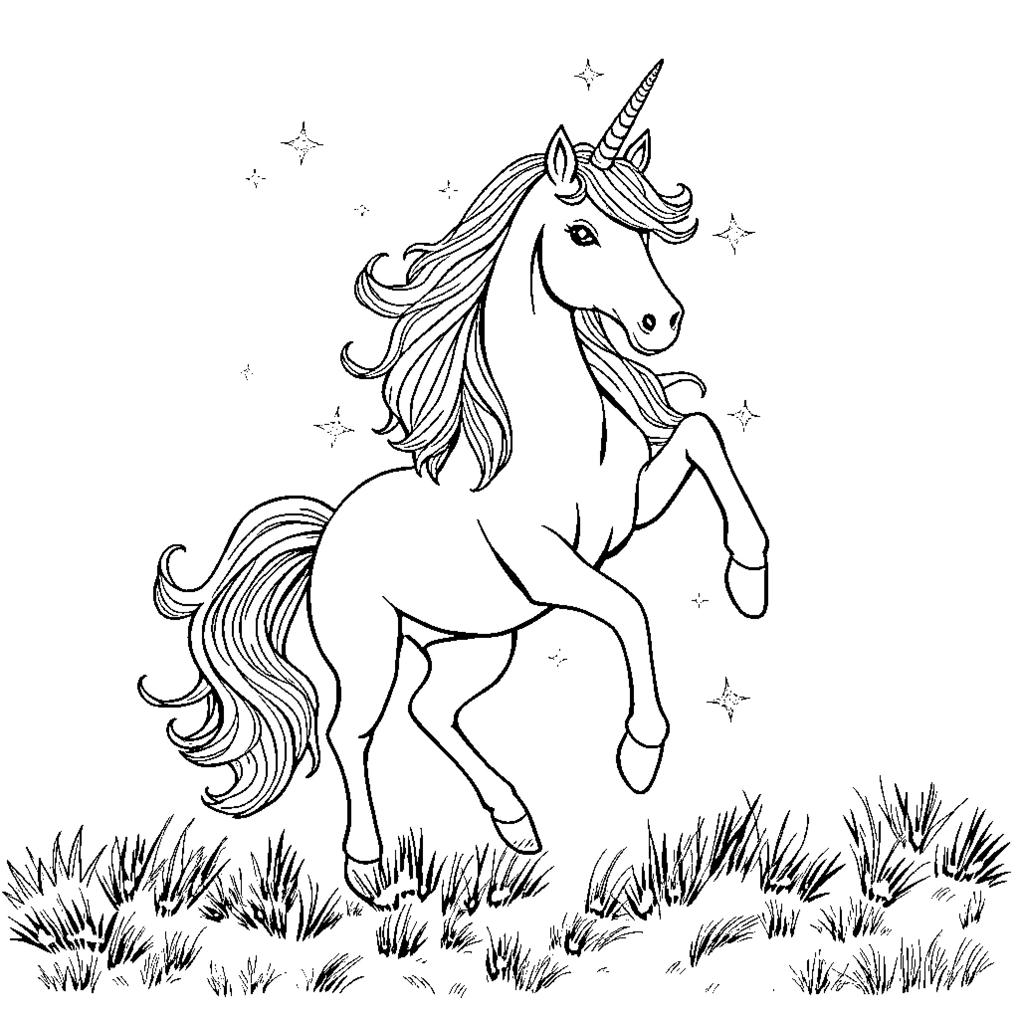 Unicorn frolicking in a starry field Coloring Page (free black-and-white line drawing printable PDF for all, from beginners to advanced learners, including children, teens, adults, and seniors)