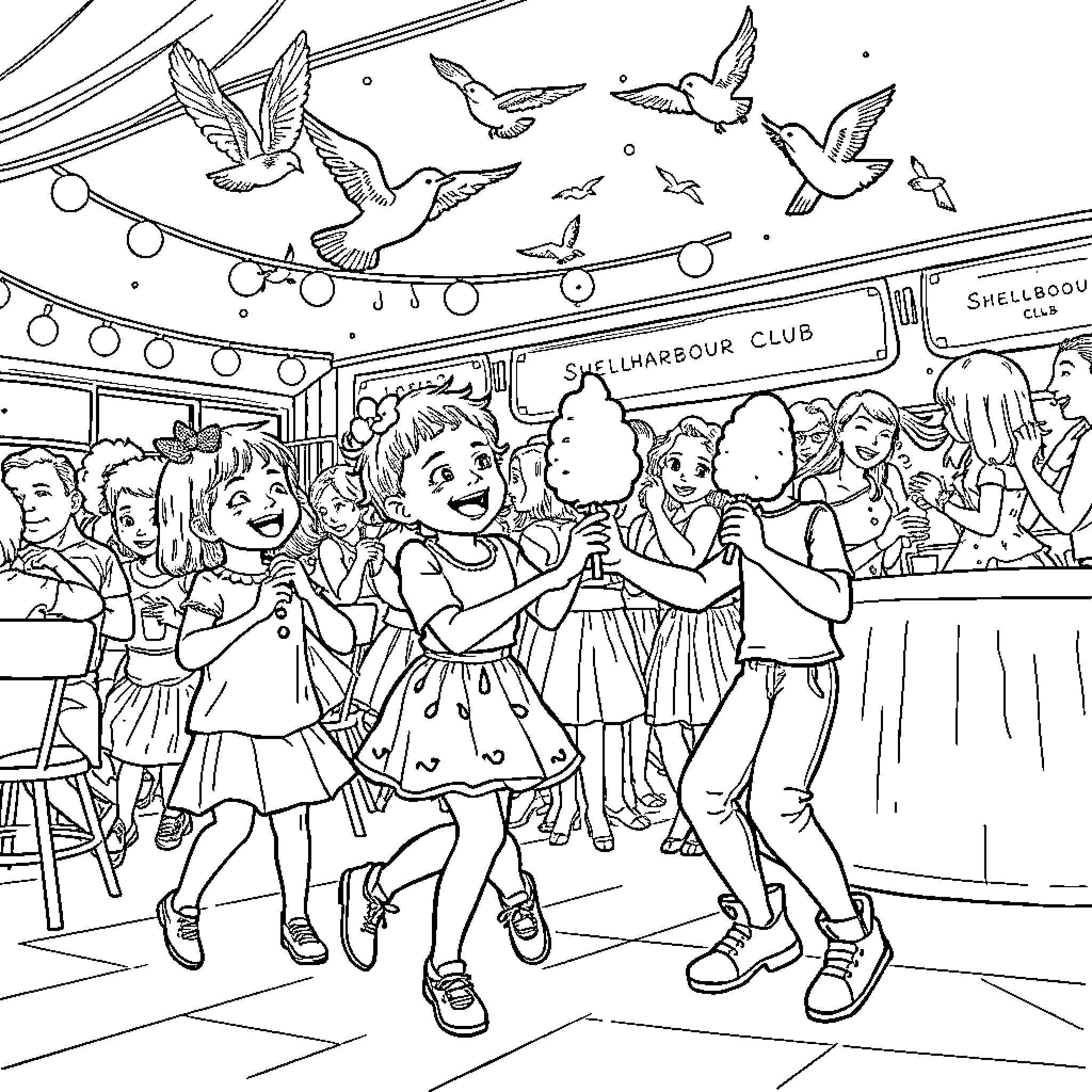 Kid friends enjoying dance party at carnival Coloring Page (free black-and-white line drawing printable PDF for all, from beginners to advanced learners, including children, teens, adults, and seniors)