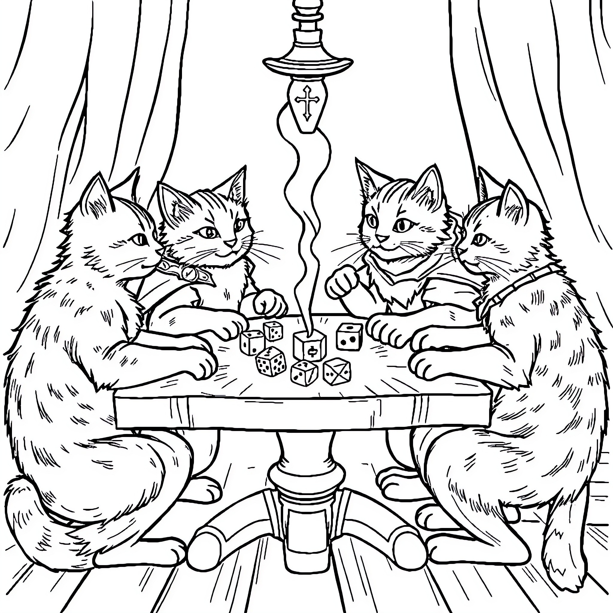 Cats playing with dice under a lamp Coloring Page (free black-and-white line drawing printable PDF for all, from beginners to advanced learners, including children, teens, adults, and seniors)