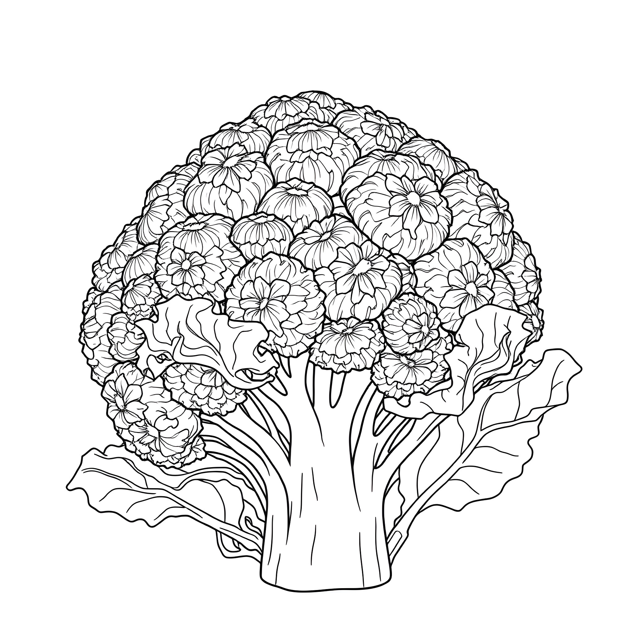 Broccoli plant with intricate floral design Coloring Page (free black-and-white line drawing printable PDF for all, from beginners to advanced learners, including children, teens, adults, and seniors)