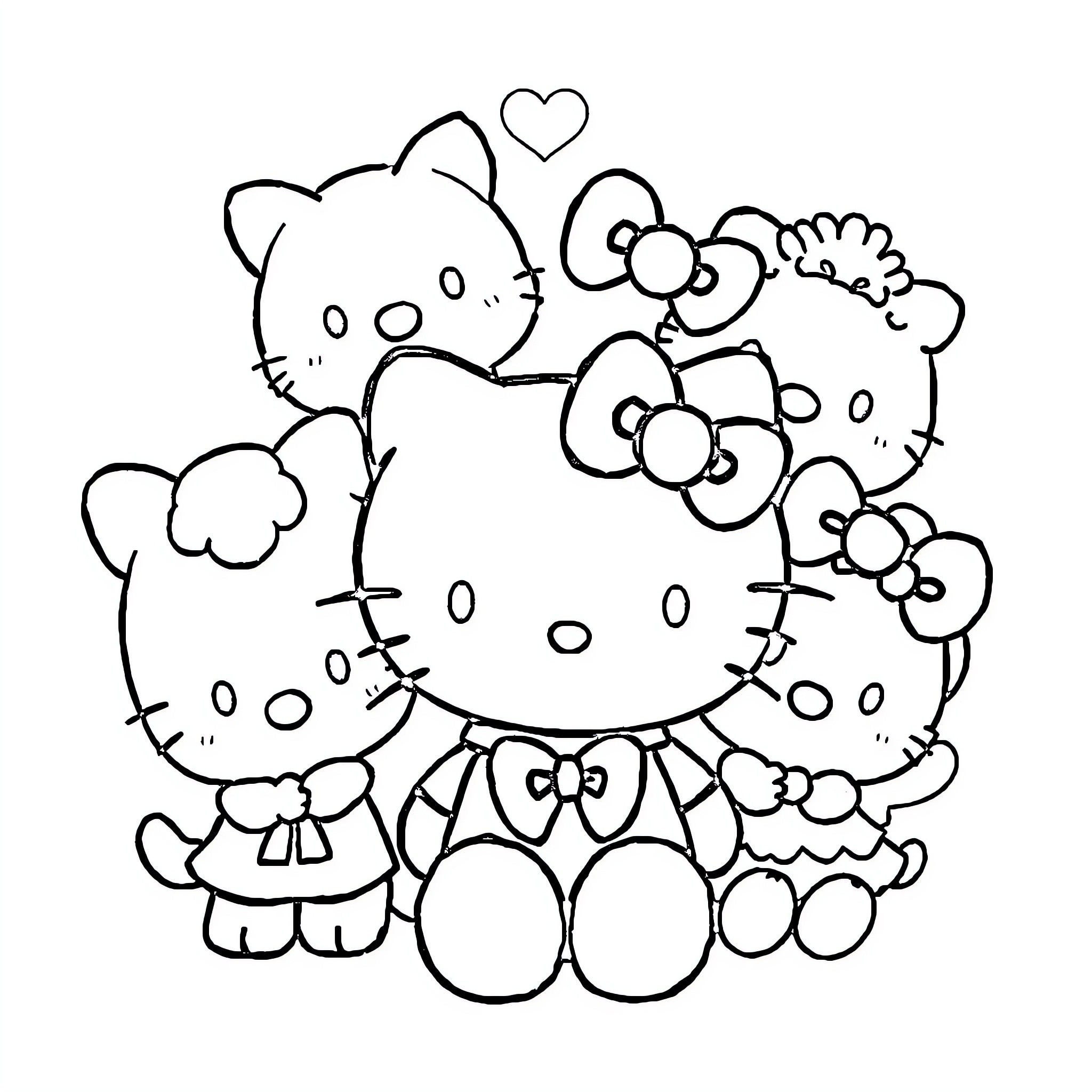 Hello Kitty surrounded by cute friends Coloring Page (free black-and-white line drawing printable PDF for all, from beginners to advanced learners, including children, teens, adults, and seniors)