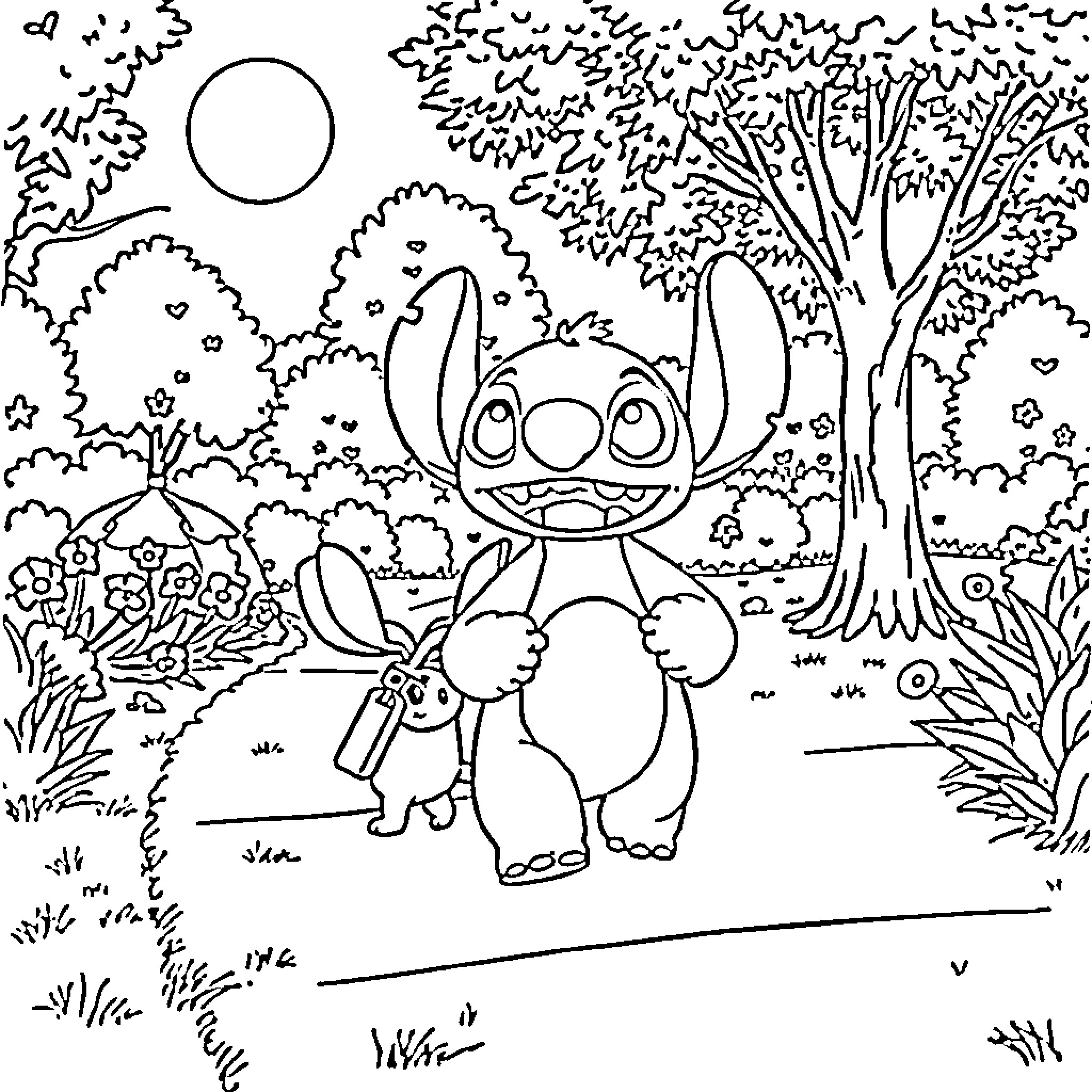 Bluey playing in the whimsical forest Coloring Page (free black-and-white line drawing printable PDF for all, from beginners to advanced learners, including children, teens, adults, and seniors)