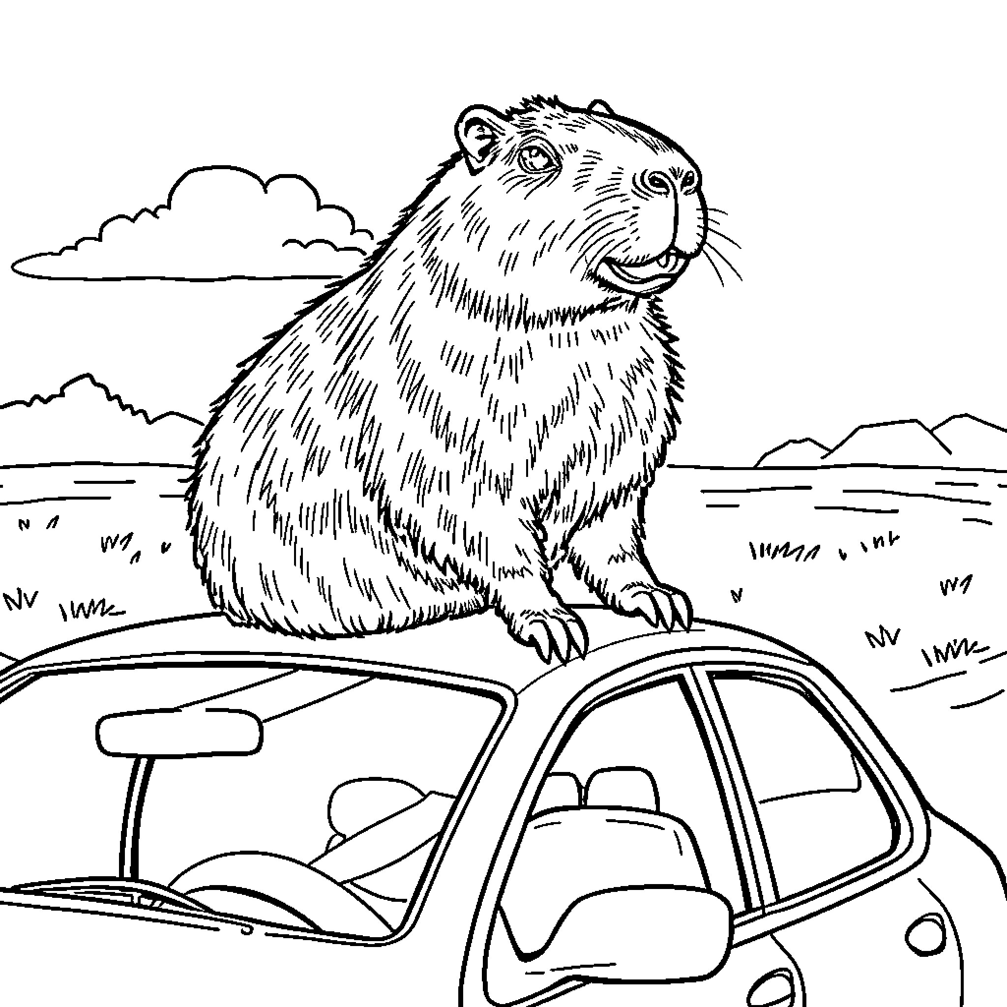 Capybara sitting atop a car in a natural setting Coloring Page (free black-and-white line drawing printable PDF for all, from beginners to advanced learners, including children, teens, adults, and seniors)