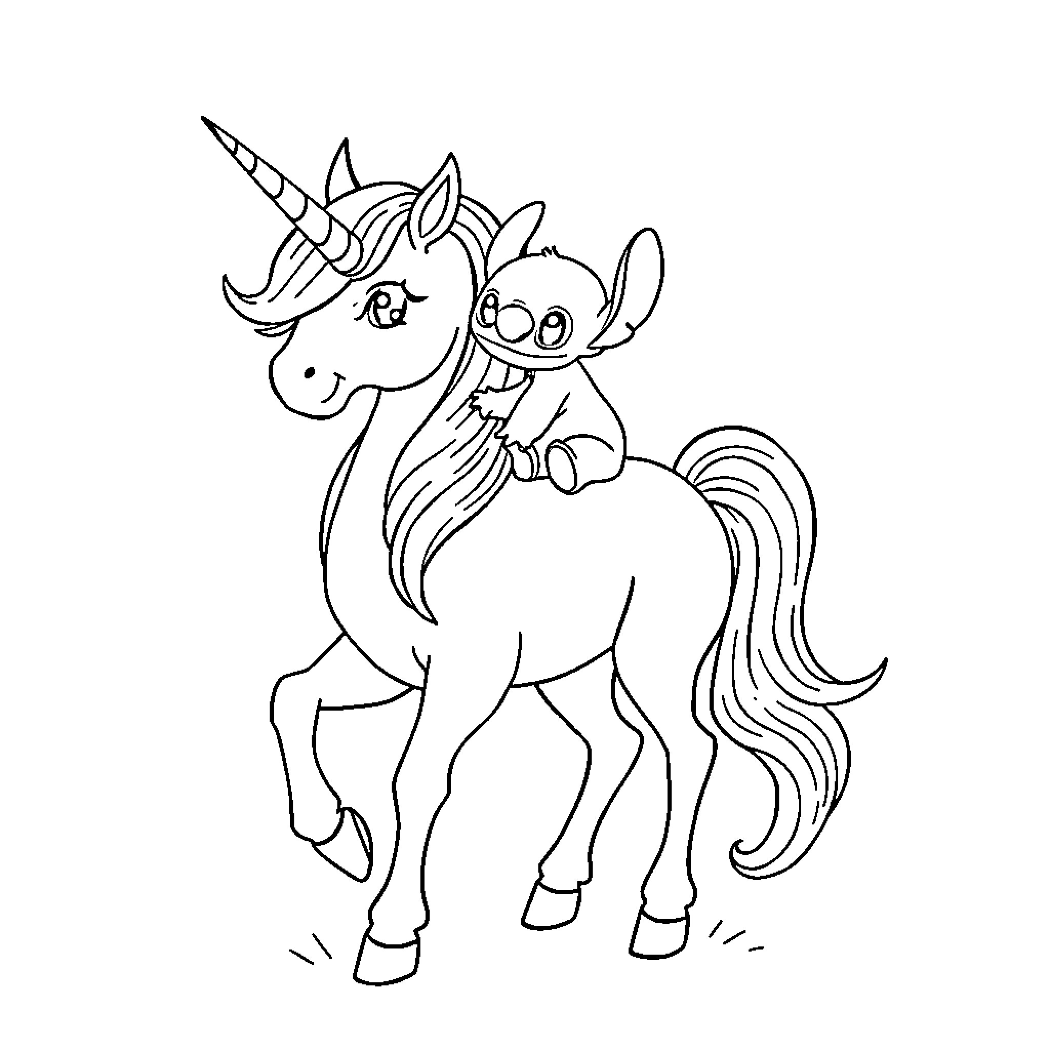 Unicorn with friendly companion on a journey Coloring Page (free black-and-white line drawing printable PDF for all, from beginners to advanced learners, including children, teens, adults, and seniors)