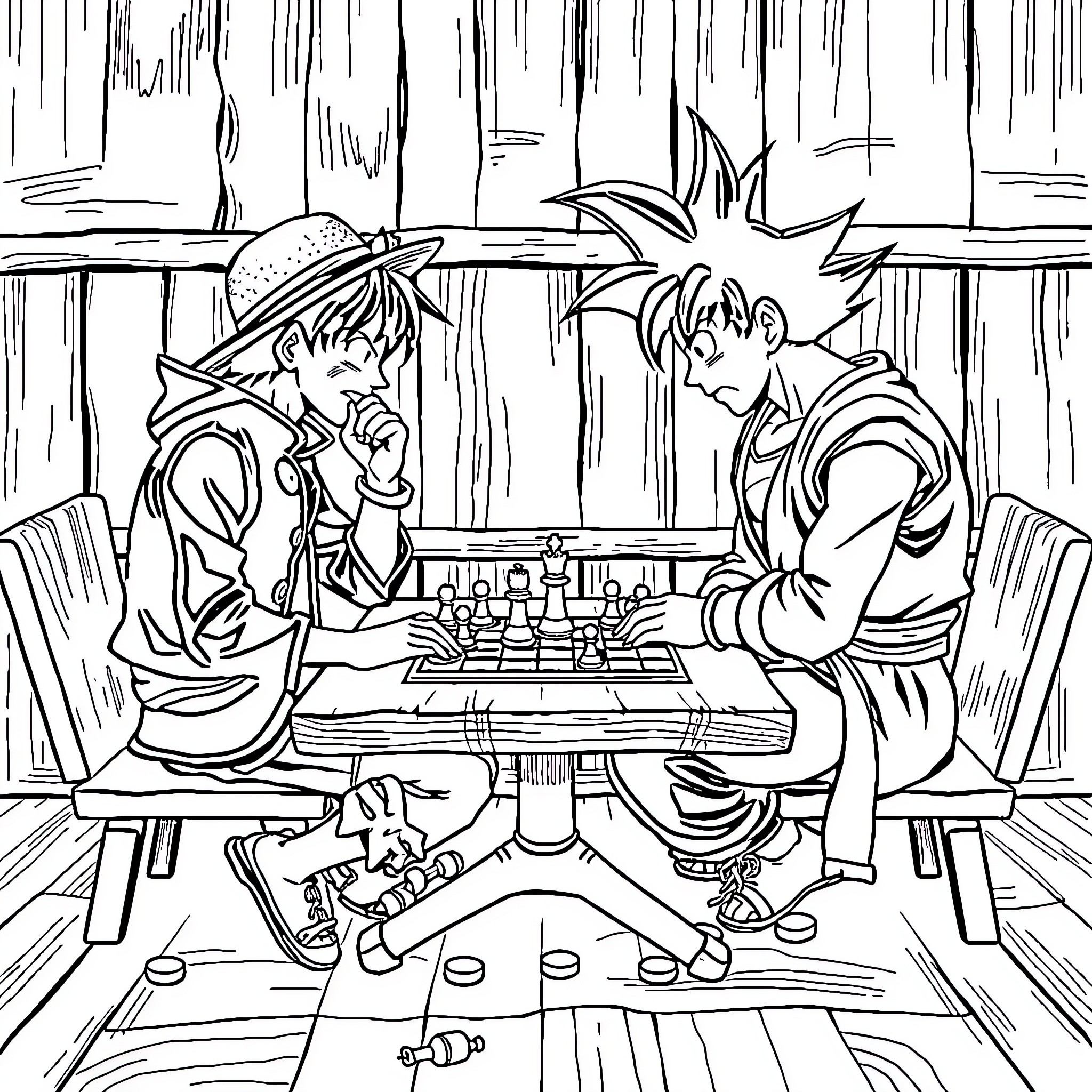 Luffy and friend playing chess in the forest Coloring Page (free black-and-white line drawing printable PDF for all, from beginners to advanced learners, including children, teens, adults, and seniors)
