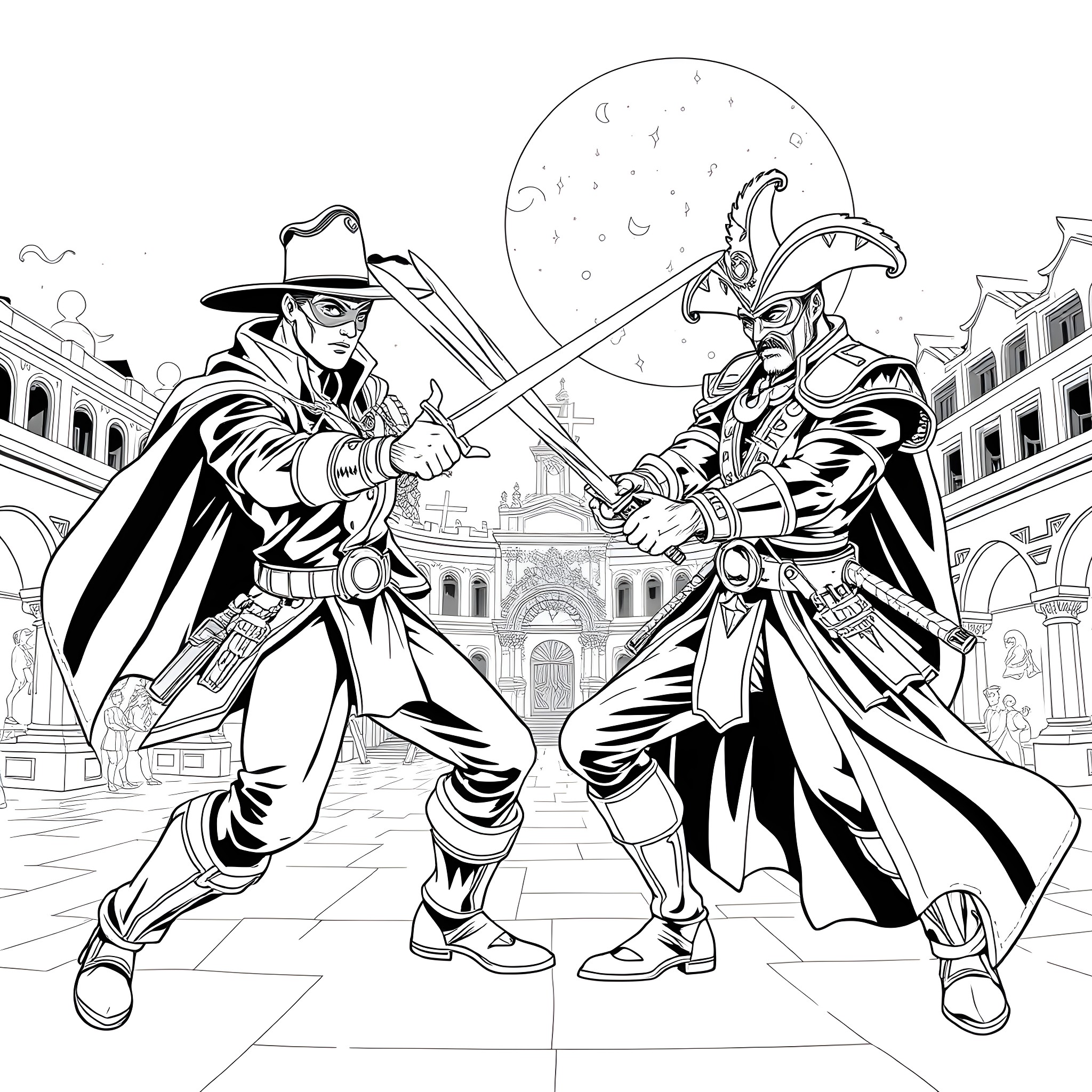 Zorro and the Pirate Duel in the Town Square Coloring Page (free black-and-white line drawing printable PDF for all, from beginners to advanced learners, including children, teens, adults, and seniors)