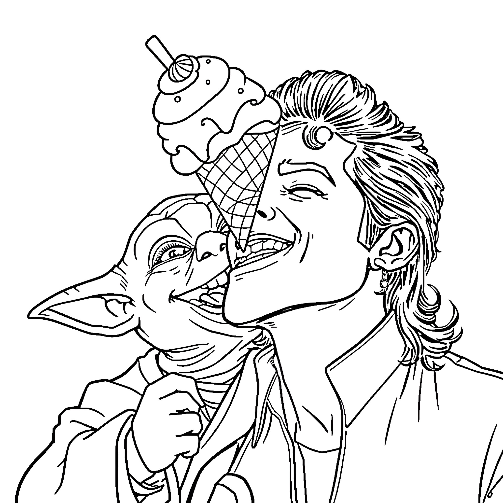Yoda enjoying delightful ice cream with human companion Coloring Page (free black-and-white line drawing printable PDF for all, from beginners to advanced learners, including children, teens, adults, and seniors)