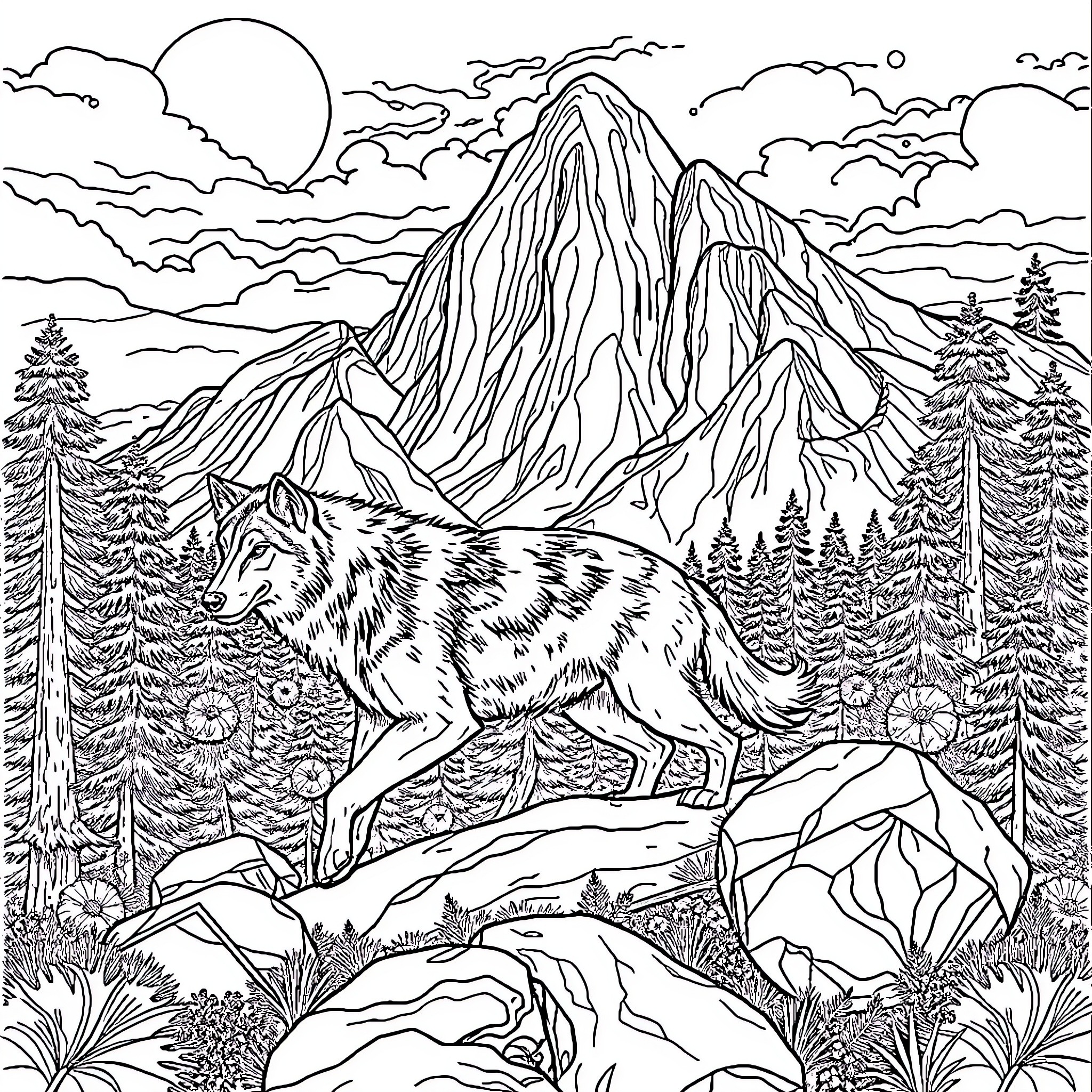 Wolf surveying mountain landscape at dusk Coloring Page (free black-and-white line drawing printable PDF for all, from beginners to advanced learners, including children, teens, adults, and seniors)