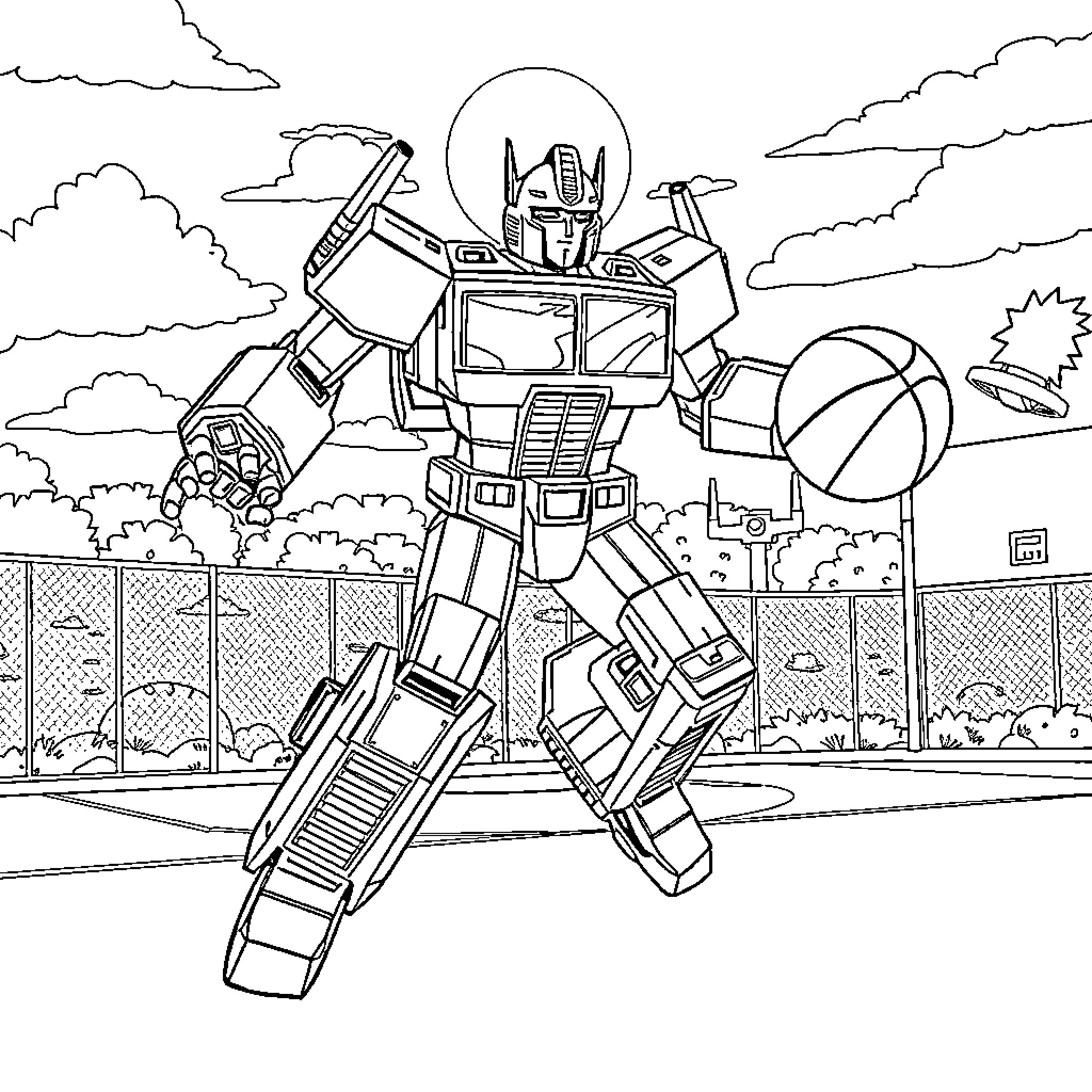 Optimus Prime Battling in the City Coloring Page (free black-and-white line drawing printable PDF for all, from beginners to advanced learners, including children, teens, adults, and seniors)
