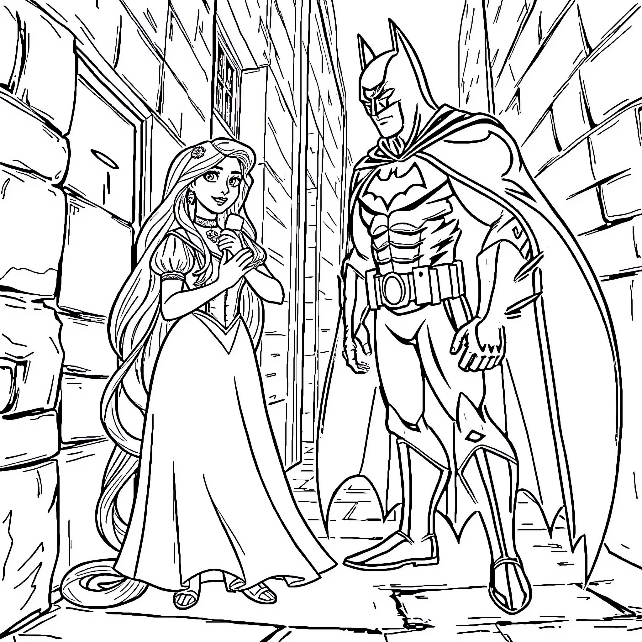 Mother Gothel and the Dark Knight in a Gritty Alley Coloring Page (free black-and-white line drawing printable PDF for all, from beginners to advanced learners, including children, teens, adults, and seniors)