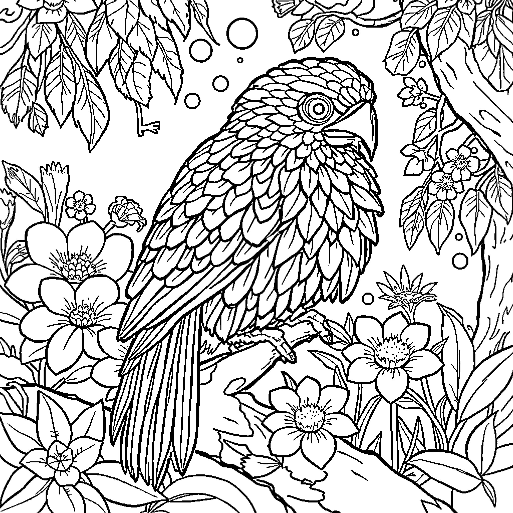 Turtle-shaped parrot amidst floral nature Coloring Page (free black-and-white line drawing printable PDF for all, from beginners to advanced learners, including children, teens, adults, and seniors)