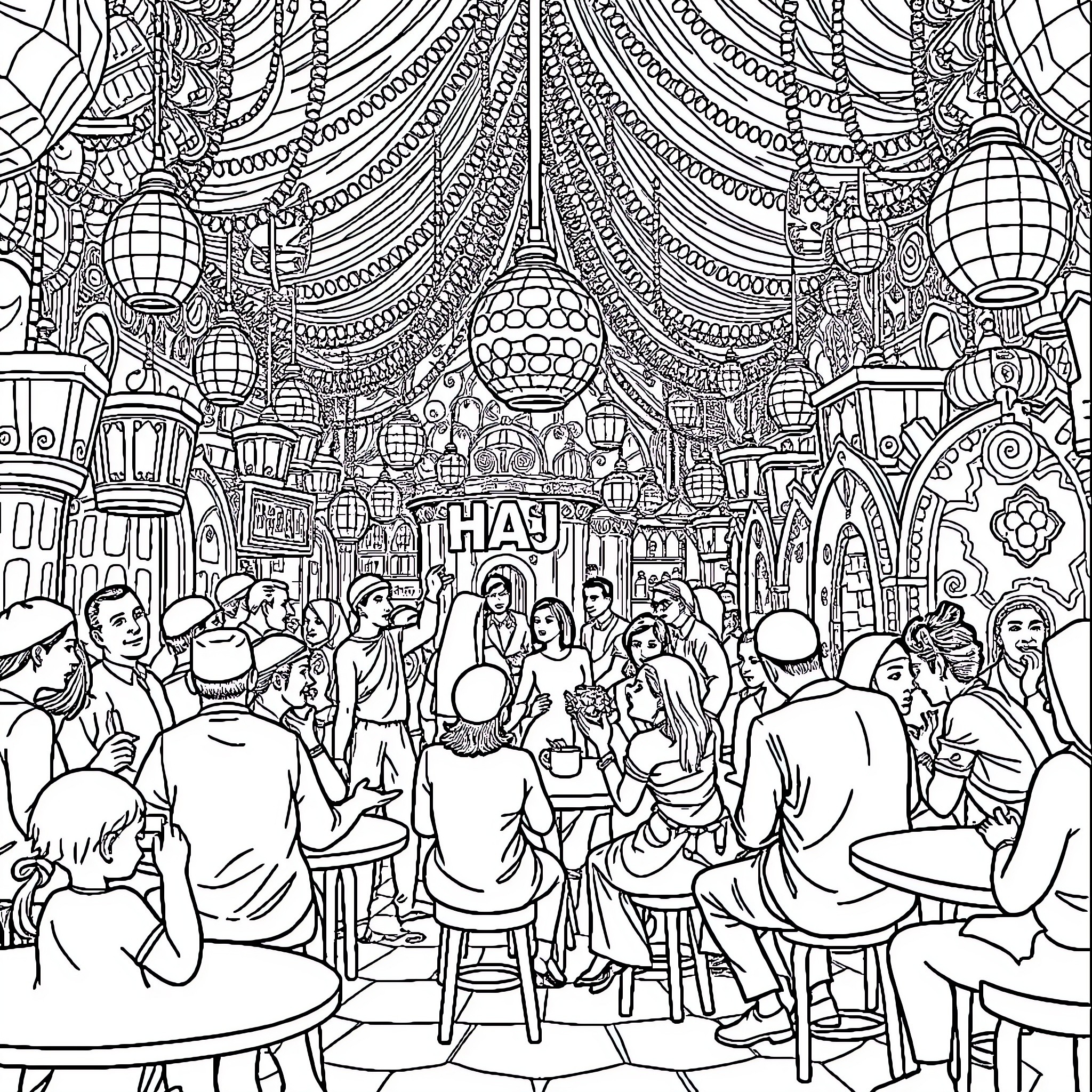 HAJA: Bustling Festival with Intricate Decor and Lively Crowds Coloring Page (free black-and-white line drawing printable PDF for all, from beginners to advanced learners, including children, teens, adults, and seniors)