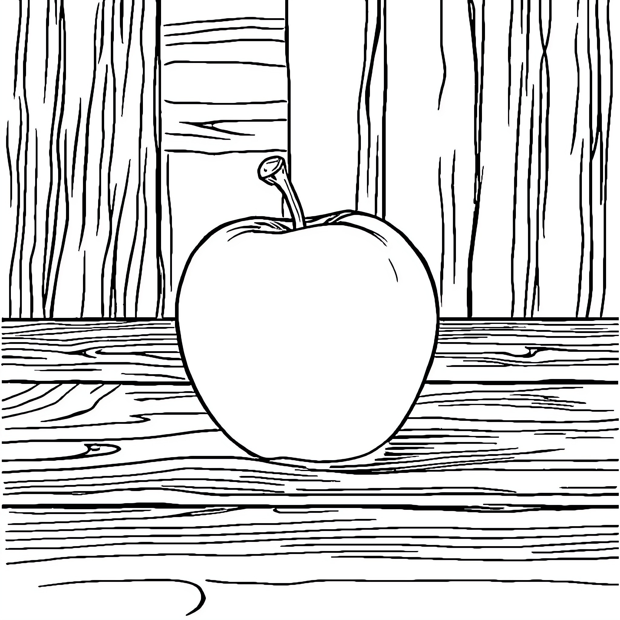 Apple on a Wooden Surface Coloring Page (free black-and-white line drawing printable PDF for all, from beginners to advanced learners, including children, teens, adults, and seniors)