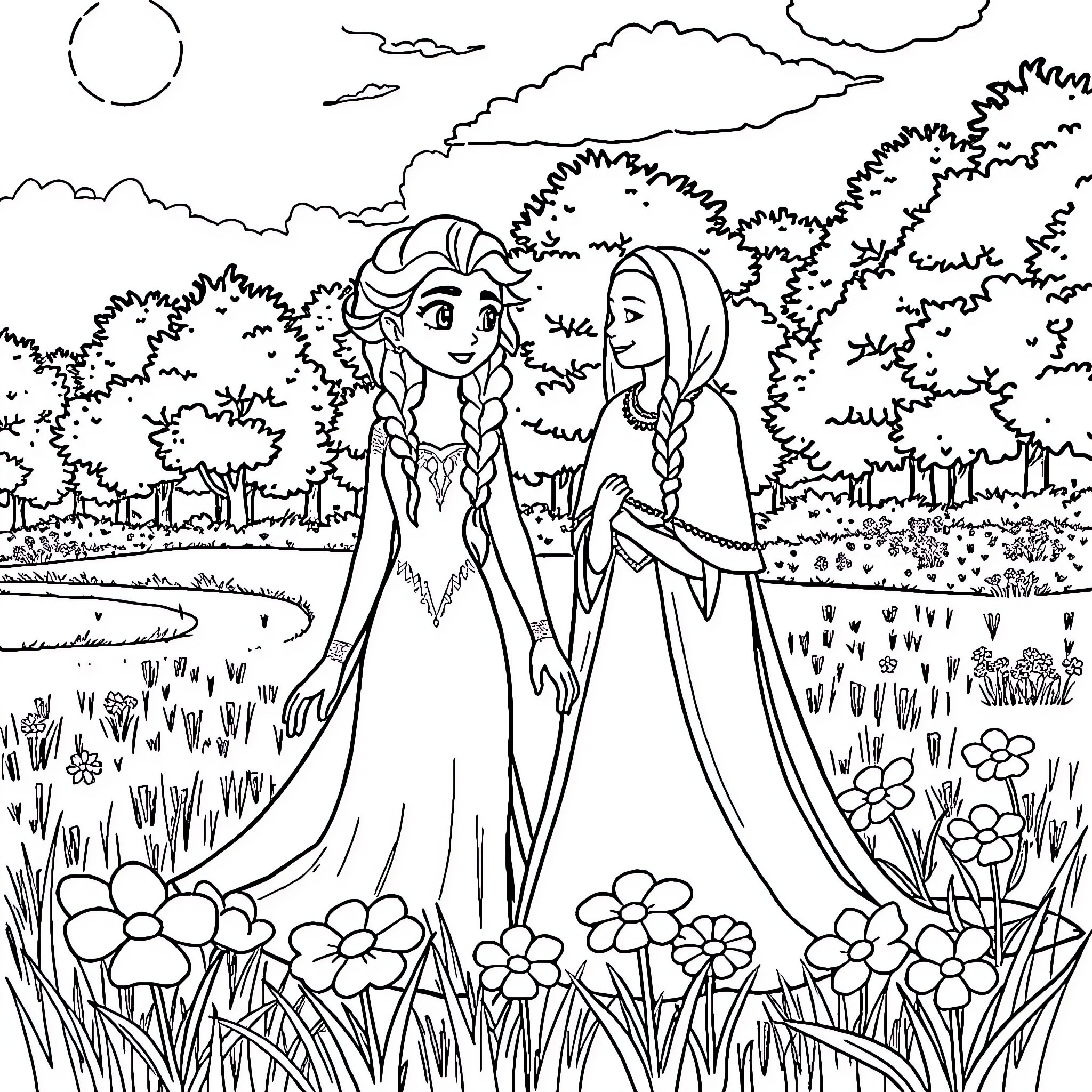 Elsa and Anna's Enchanting Adventure in the Enchanted Forest Coloring Page (free black-and-white line drawing printable PDF for all, from beginners to advanced learners, including children, teens, adults, and seniors)