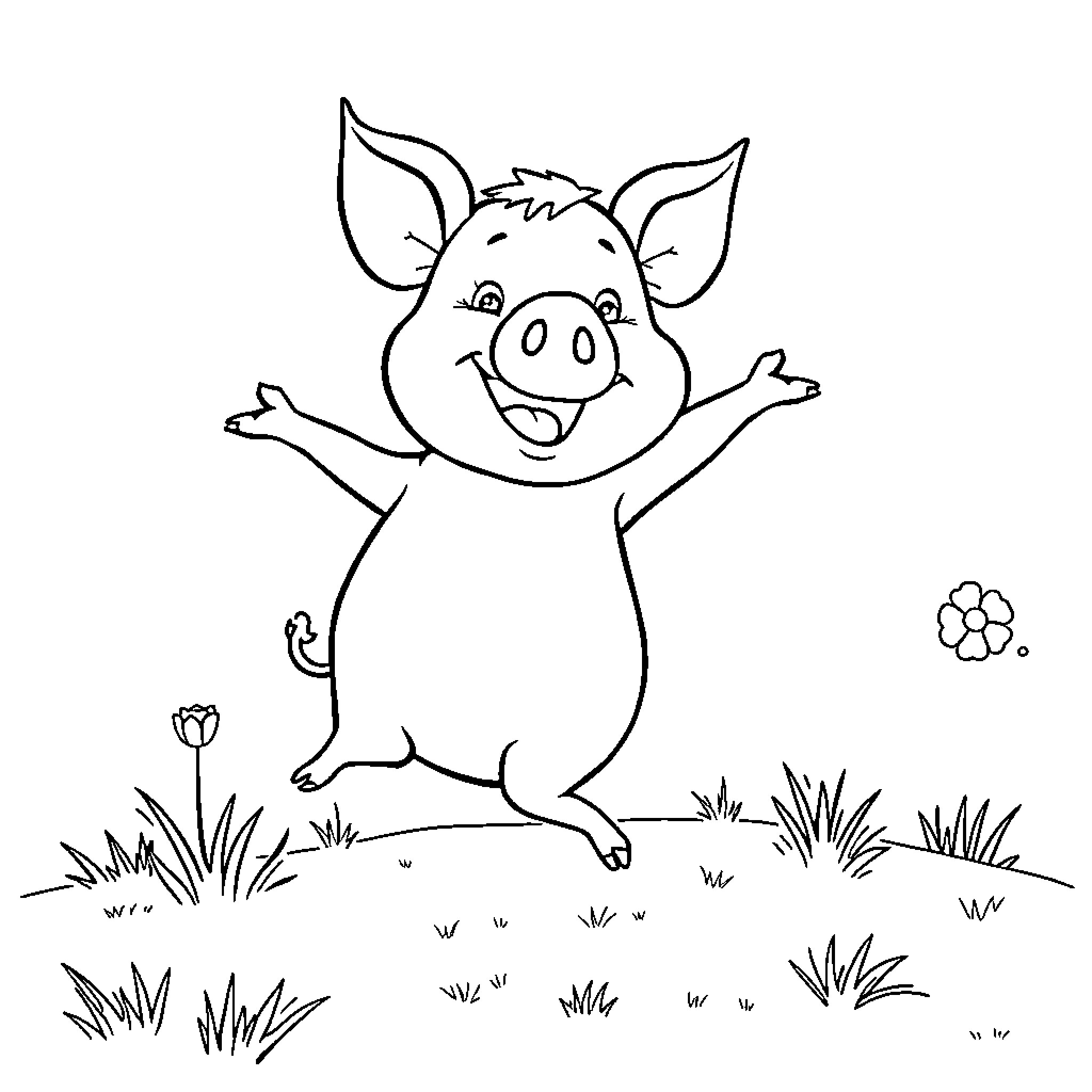 Peg Pig happily jumping in the meadow Coloring Page (free black-and-white line drawing printable PDF for all, from beginners to advanced learners, including children, teens, adults, and seniors)