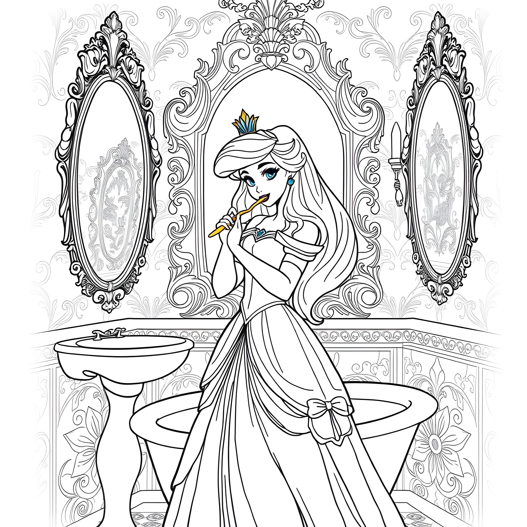 Princess admiring herself in the mirror Coloring Page (free black-and-white line drawing printable PDF for all, from beginners to advanced learners, including children, teens, adults, and seniors)