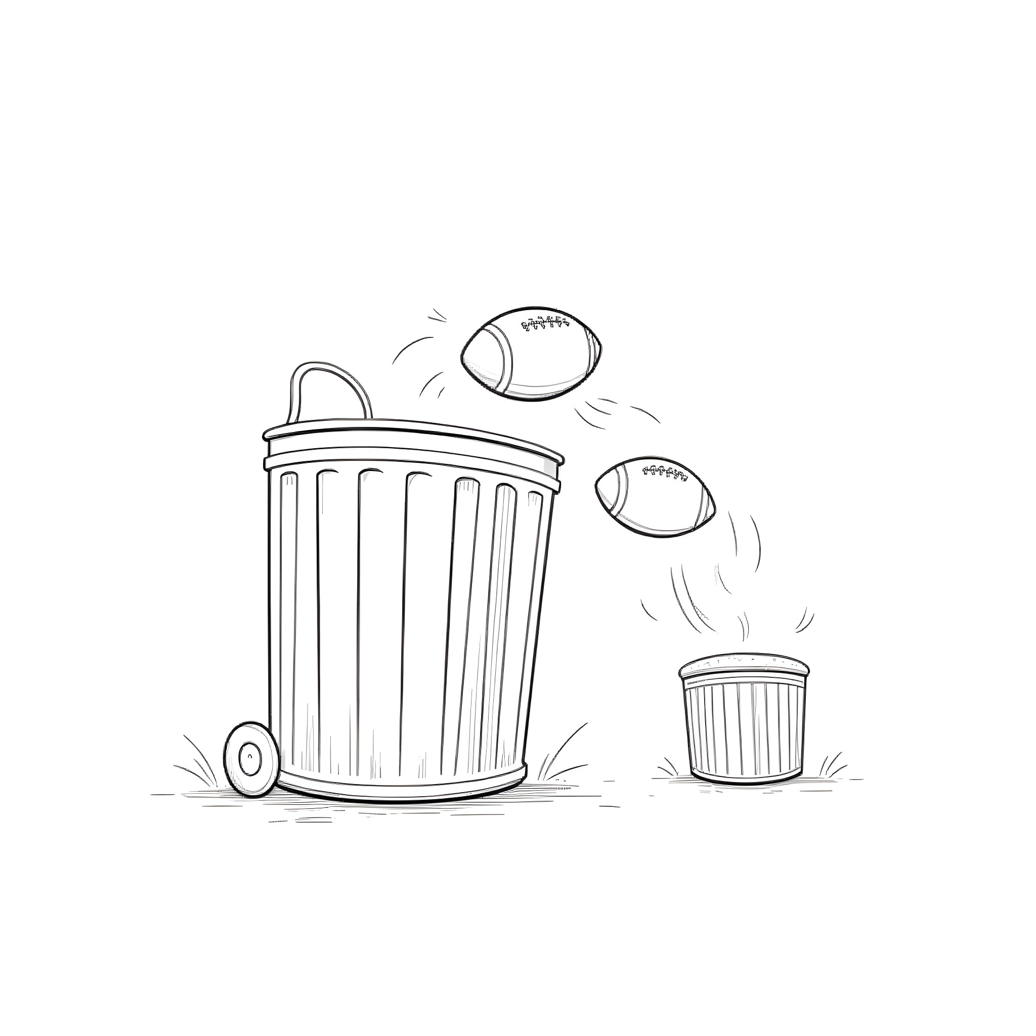 Trash Can With Thrown Out Footballs Coloring Page (free black-and-white line drawing printable PDF for all, from beginners to advanced learners, including children, teens, adults, and seniors)