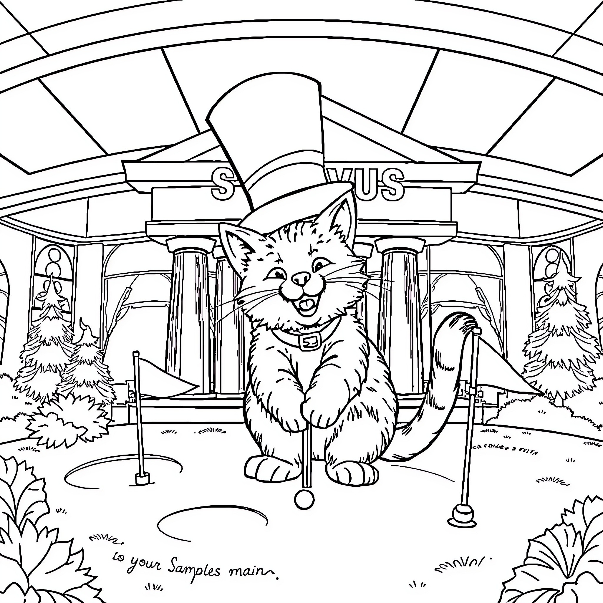 Cat in a Carnival Carriage Coloring Page (free black-and-white line drawing printable PDF for all, from beginners to advanced learners, including children, teens, adults, and seniors)