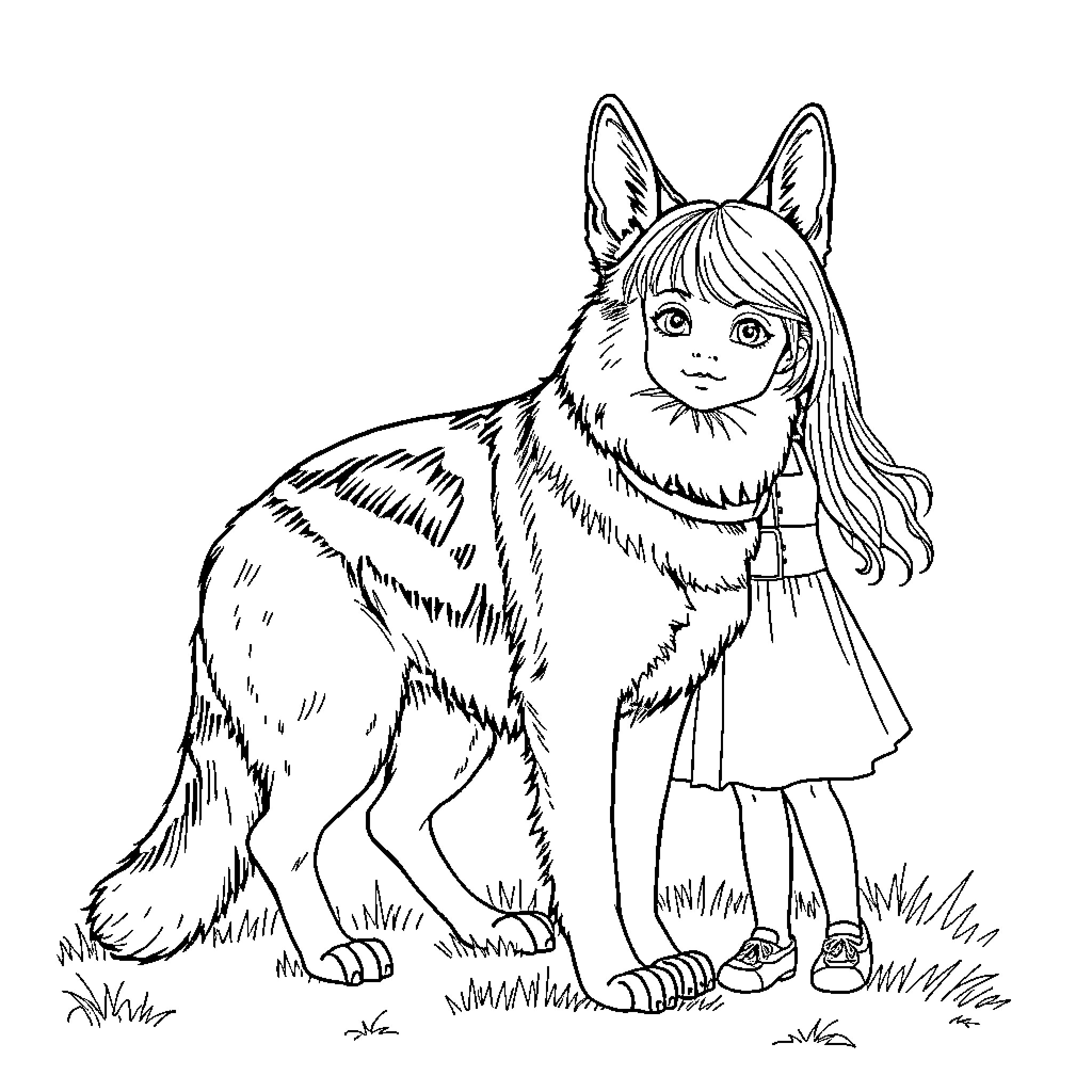 German Shepherd girl with flowing hair outdoors Coloring Page (free black-and-white line drawing printable PDF for all, from beginners to advanced learners, including children, teens, adults, and seniors)