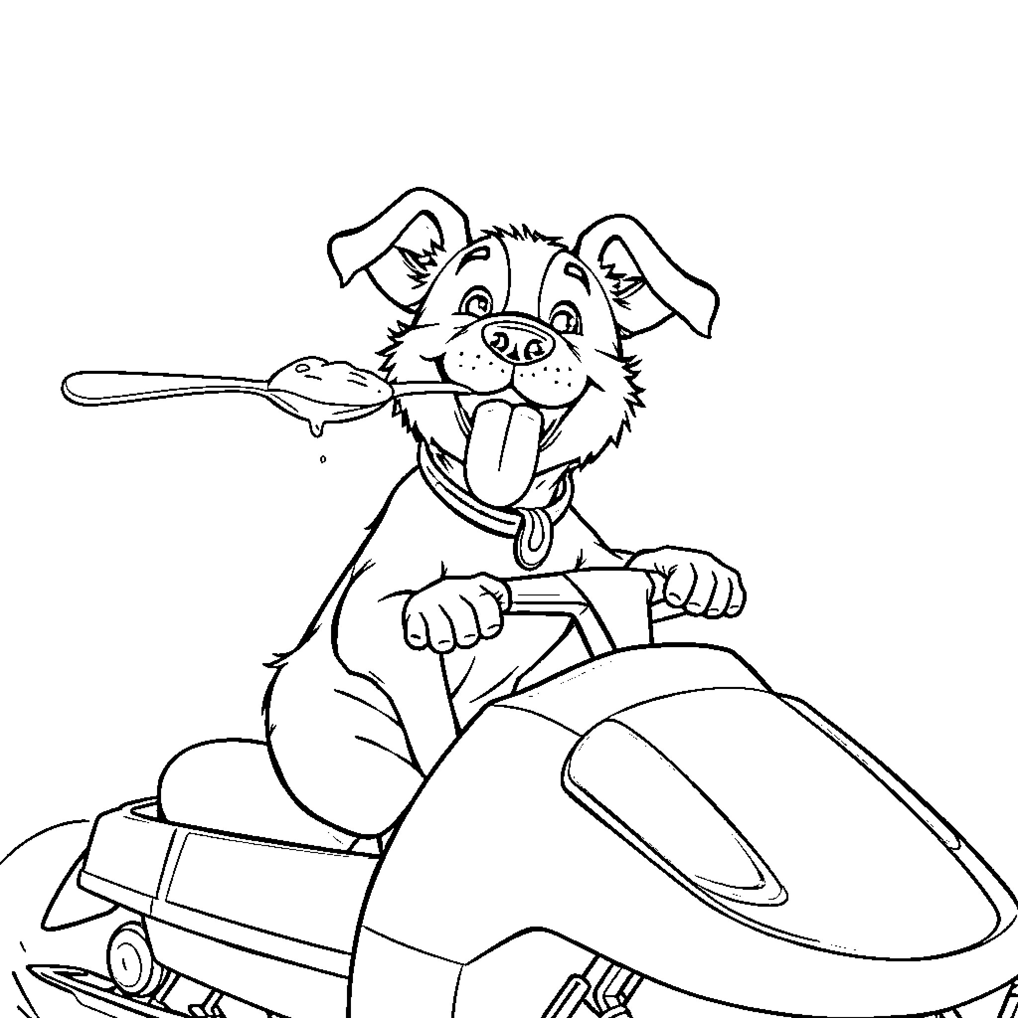 Dog riding a motorcycle happily Coloring Page (free black-and-white line drawing printable PDF for all, from beginners to advanced learners, including children, teens, adults, and seniors)