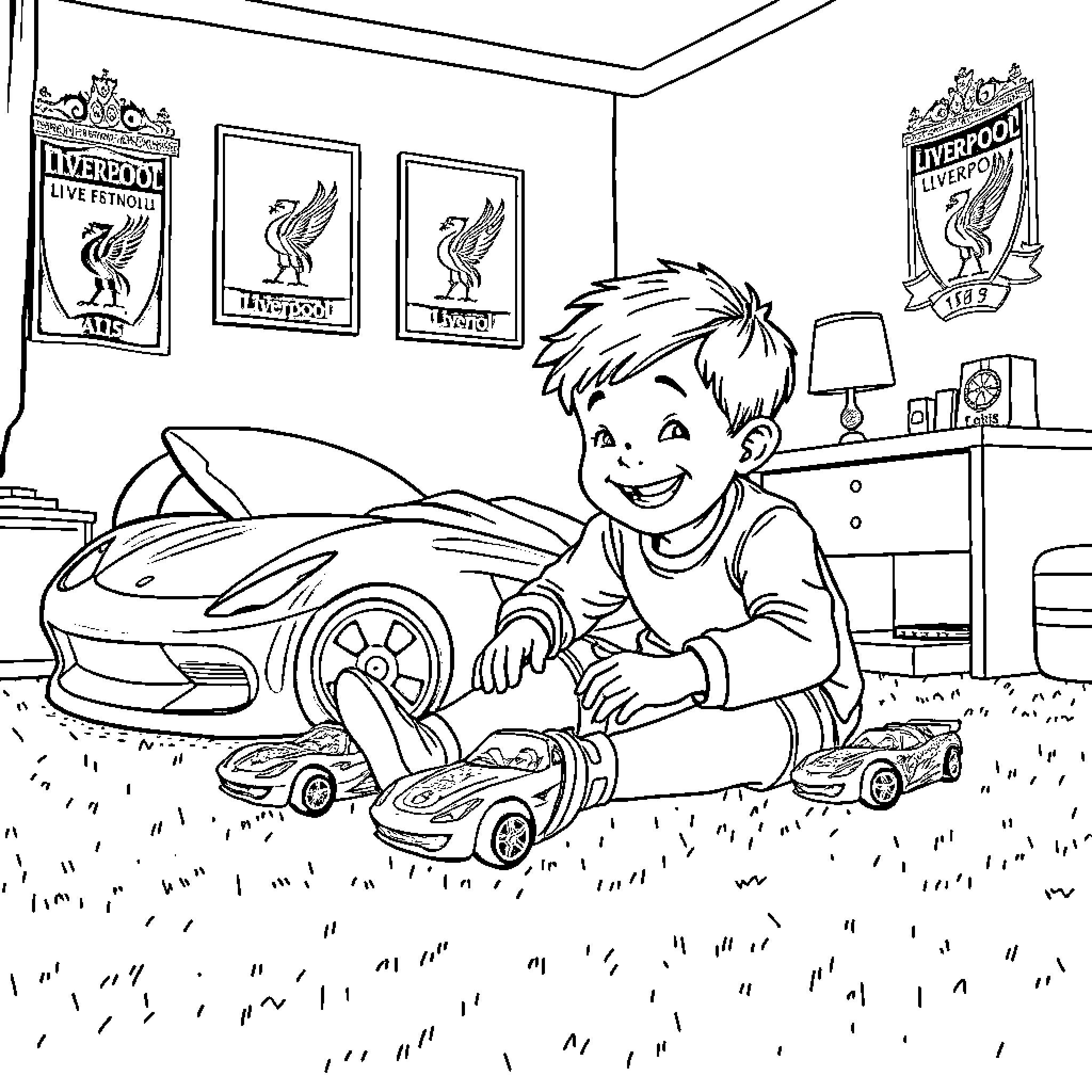 Boy Playing Happily with Toy Cars in Room Coloring Page (free black-and-white line drawing printable PDF for all, from beginners to advanced learners, including children, teens, adults, and seniors)