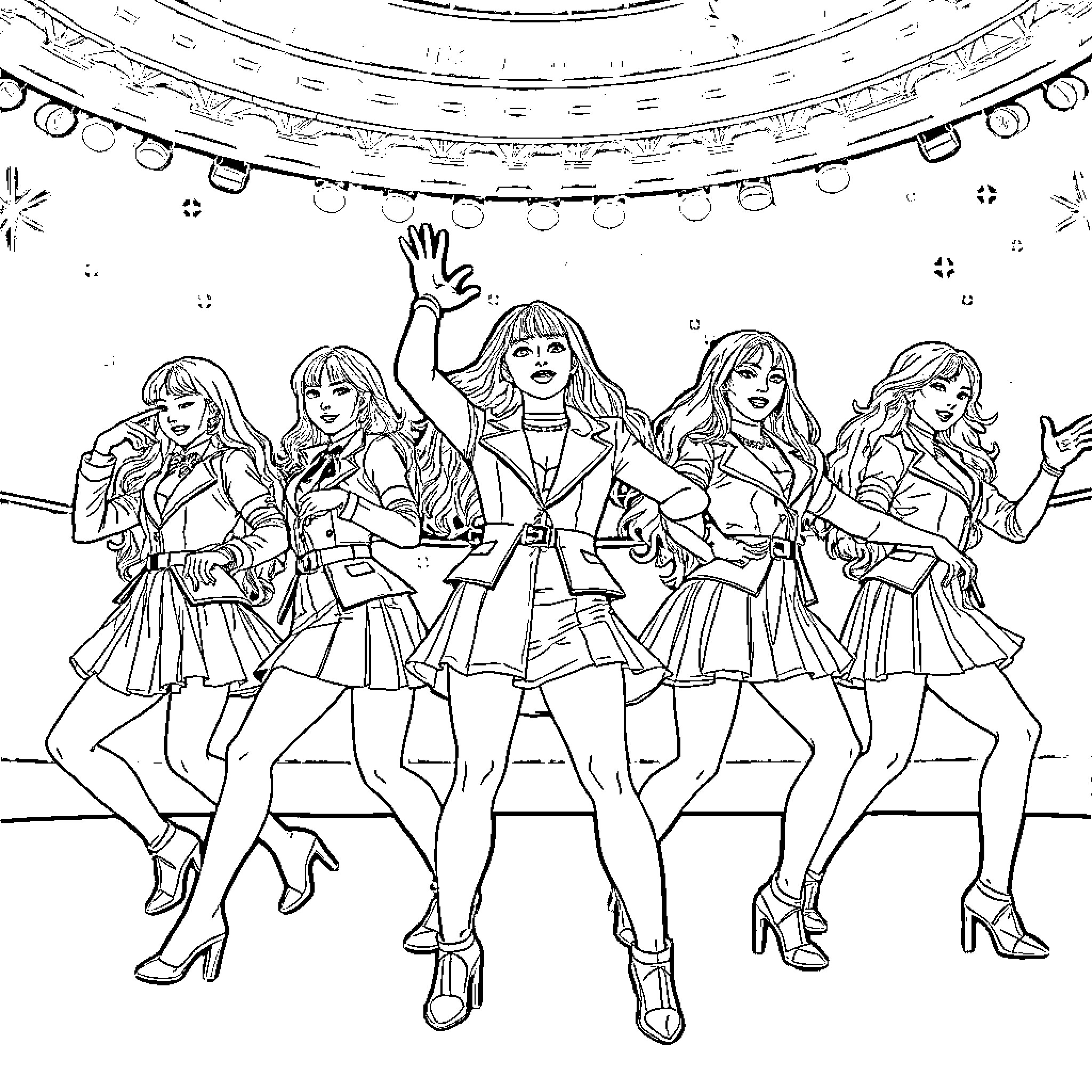 Kpop Warriors Performing on Stage with Energetic Movements Coloring Page (free black-and-white line drawing printable PDF for all, from beginners to advanced learners, including children, teens, adults, and seniors)