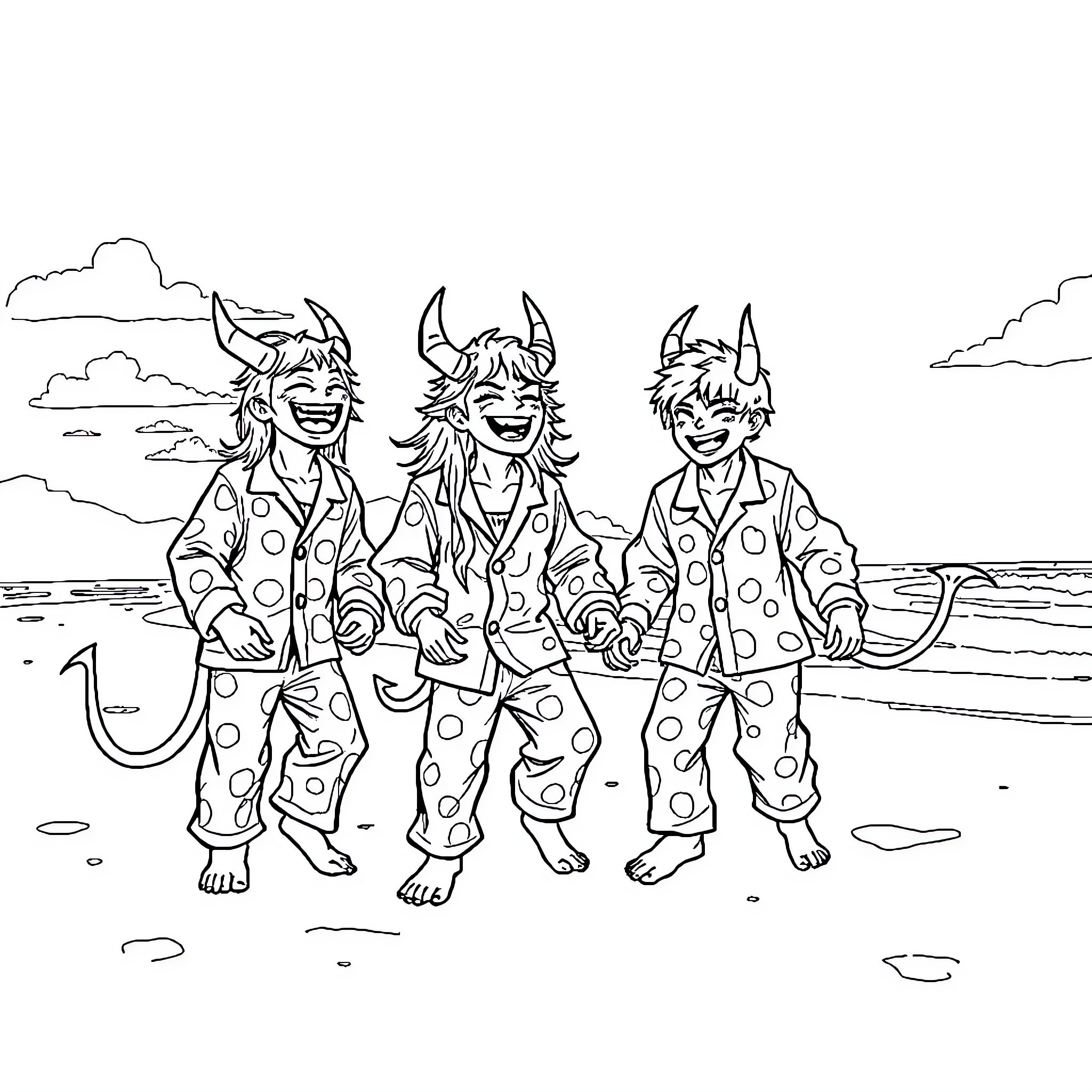 Demon Hunters on a Beach Adventure Coloring Page (free black-and-white line drawing printable PDF for all, from beginners to advanced learners, including children, teens, adults, and seniors)