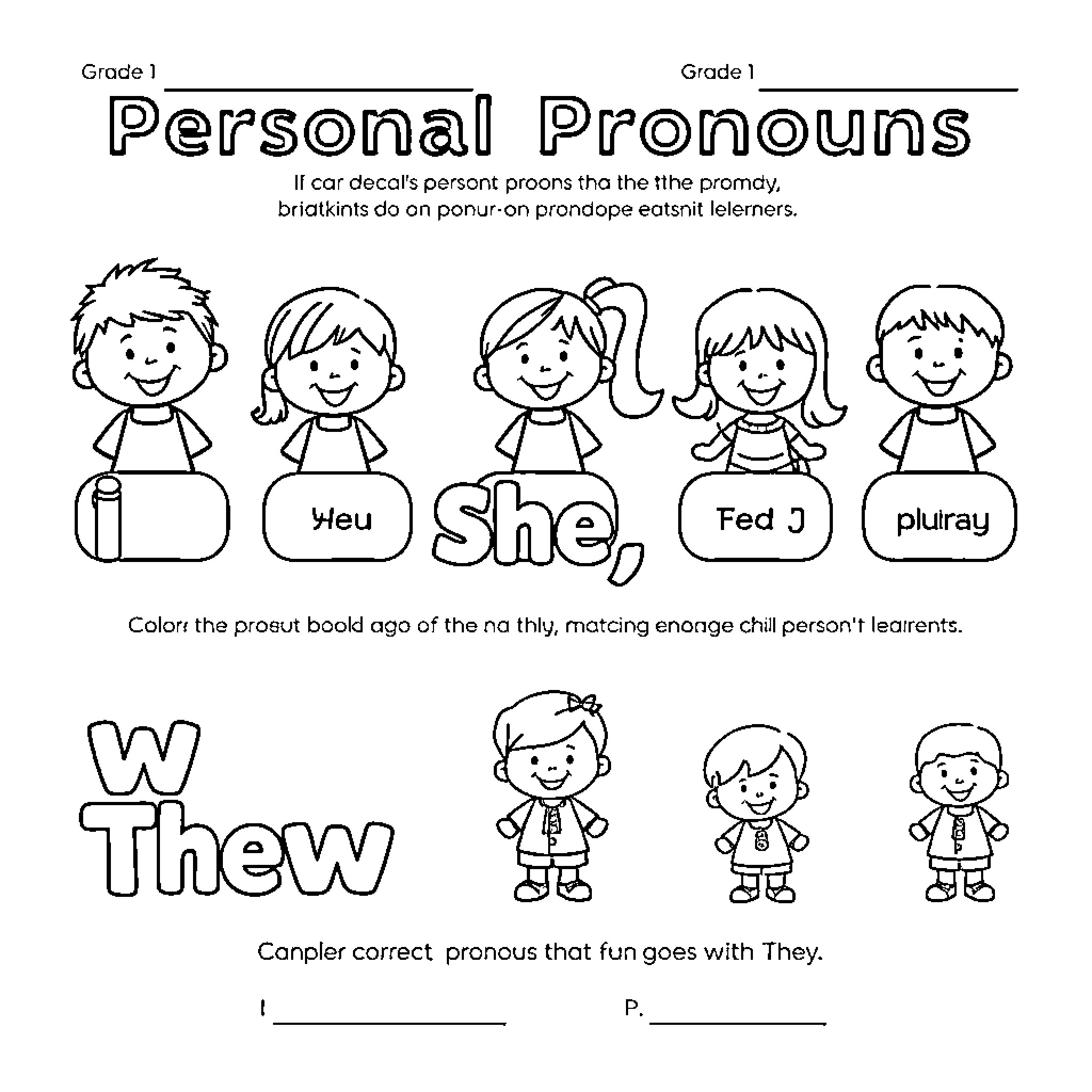 Children learning personal pronouns through images Coloring Page (free black-and-white line drawing printable PDF for all, from beginners to advanced learners, including children, teens, adults, and seniors)