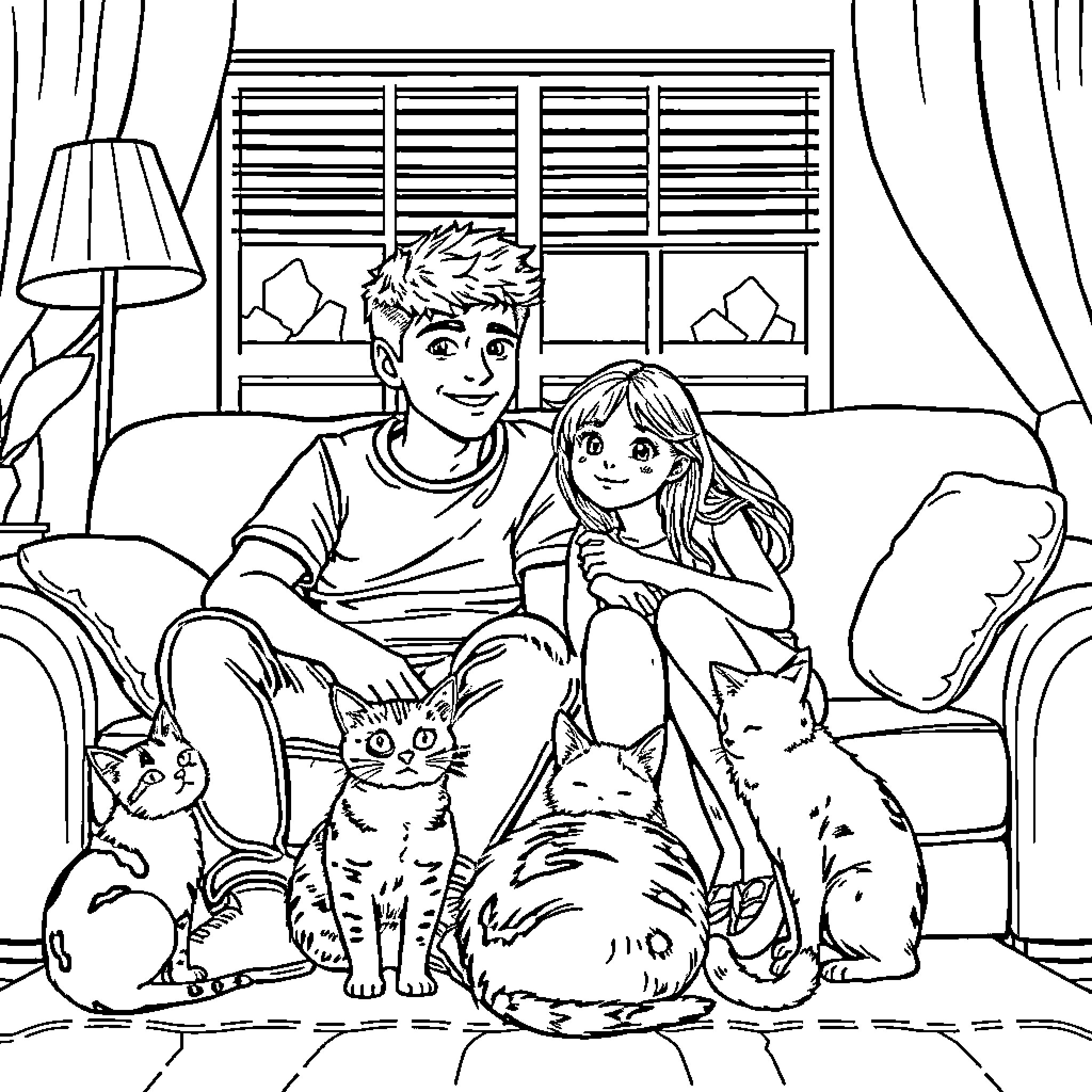 Cat family enjoying cozy indoor scene Coloring Page (free black-and-white line drawing printable PDF for all, from beginners to advanced learners, including children, teens, adults, and seniors)