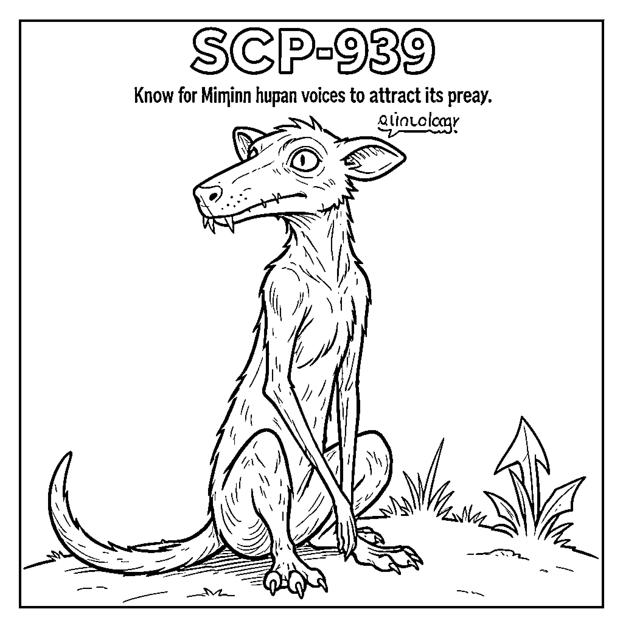 SCP-939 sitting and looking to the side Coloring Page (free black-and-white line drawing printable PDF for all, from beginners to advanced learners, including children, teens, adults, and seniors)