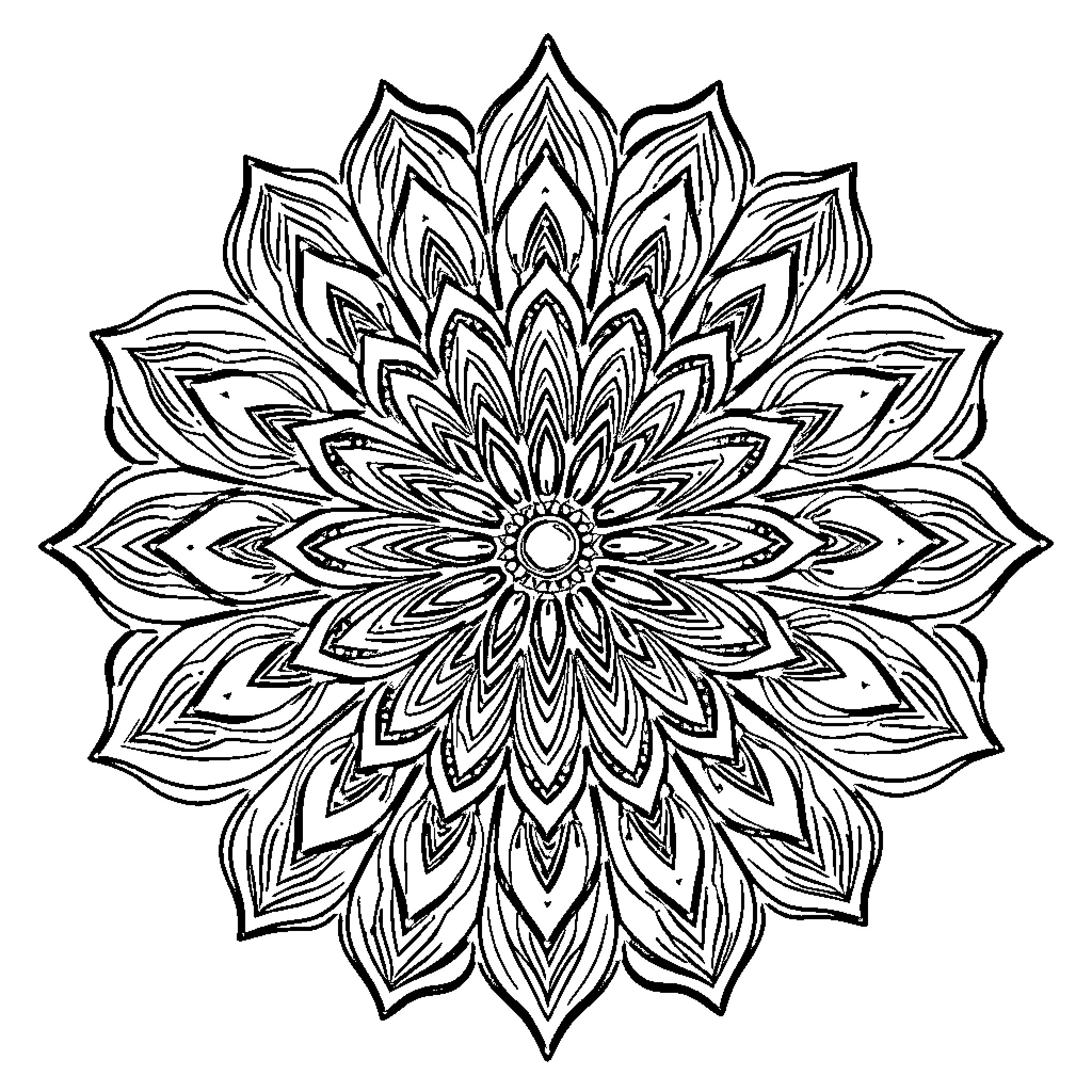 Flower mandala with intricate petals Coloring Page (free black-and-white line drawing printable PDF for all, from beginners to advanced learners, including children, teens, adults, and seniors)