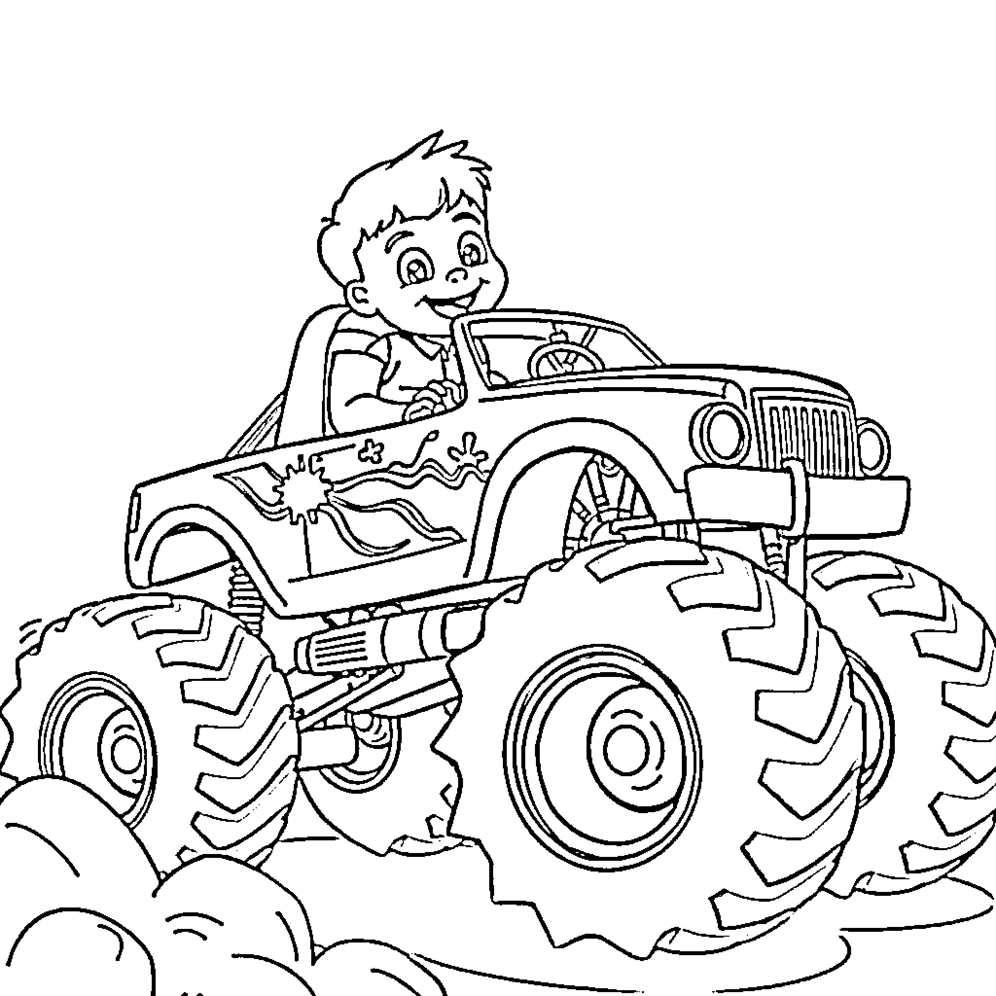 Boy driving a monster truck through the mud Coloring Page (free black-and-white line drawing printable PDF for all, from beginners to advanced learners, including children, teens, adults, and seniors)