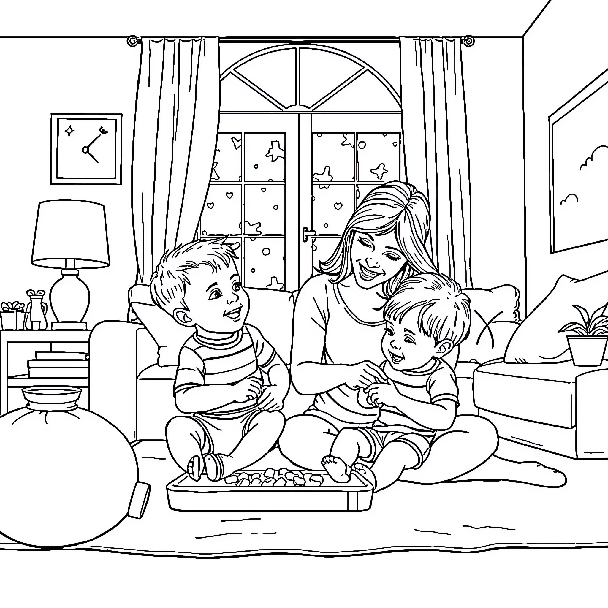 Mum Spending Quality Time with Children at Home Coloring Page (free black-and-white line drawing printable PDF for all, from beginners to advanced learners, including children, teens, adults, and seniors)