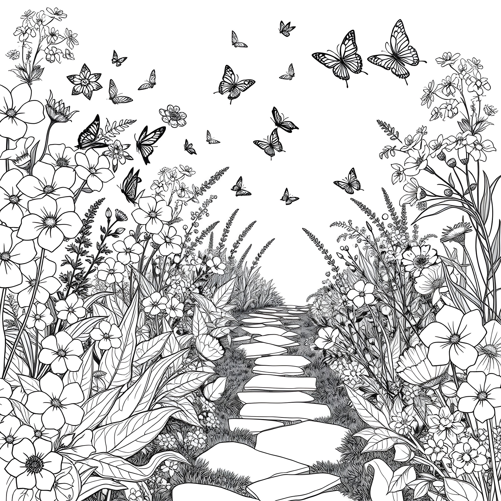 Flower garden pathway with butterflies Coloring Page (free black-and-white line drawing printable PDF for all, from beginners to advanced learners, including children, teens, adults, and seniors)