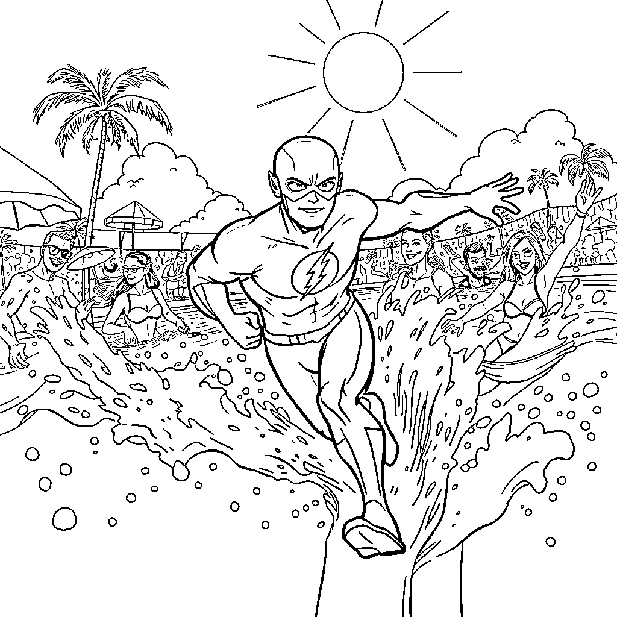 Flash races through a sunny beach scene Coloring Page (free black-and-white line drawing printable PDF for all, from beginners to advanced learners, including children, teens, adults, and seniors)