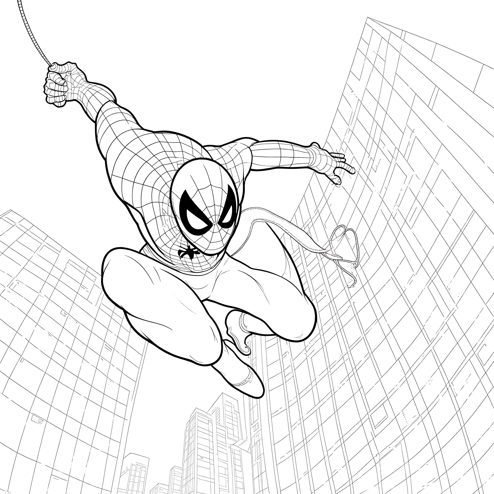 Spider-themed hero swinging through the city Coloring Page (free black-and-white line drawing printable PDF for all, from beginners to advanced learners, including children, teens, adults, and seniors)