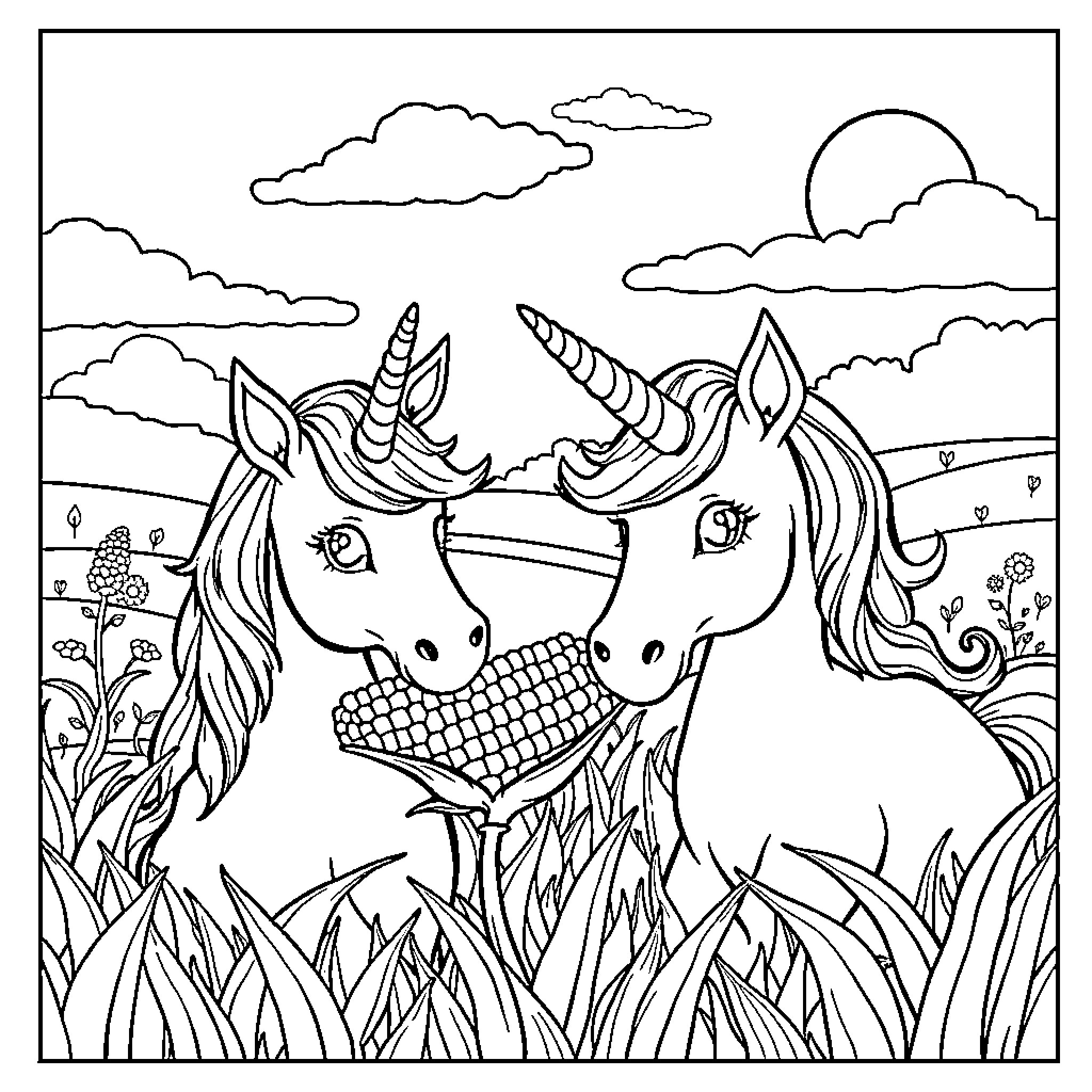 Unicorn Duo Enjoying Scenic Landscape Coloring Page (free black-and-white line drawing printable PDF for all, from beginners to advanced learners, including children, teens, adults, and seniors)