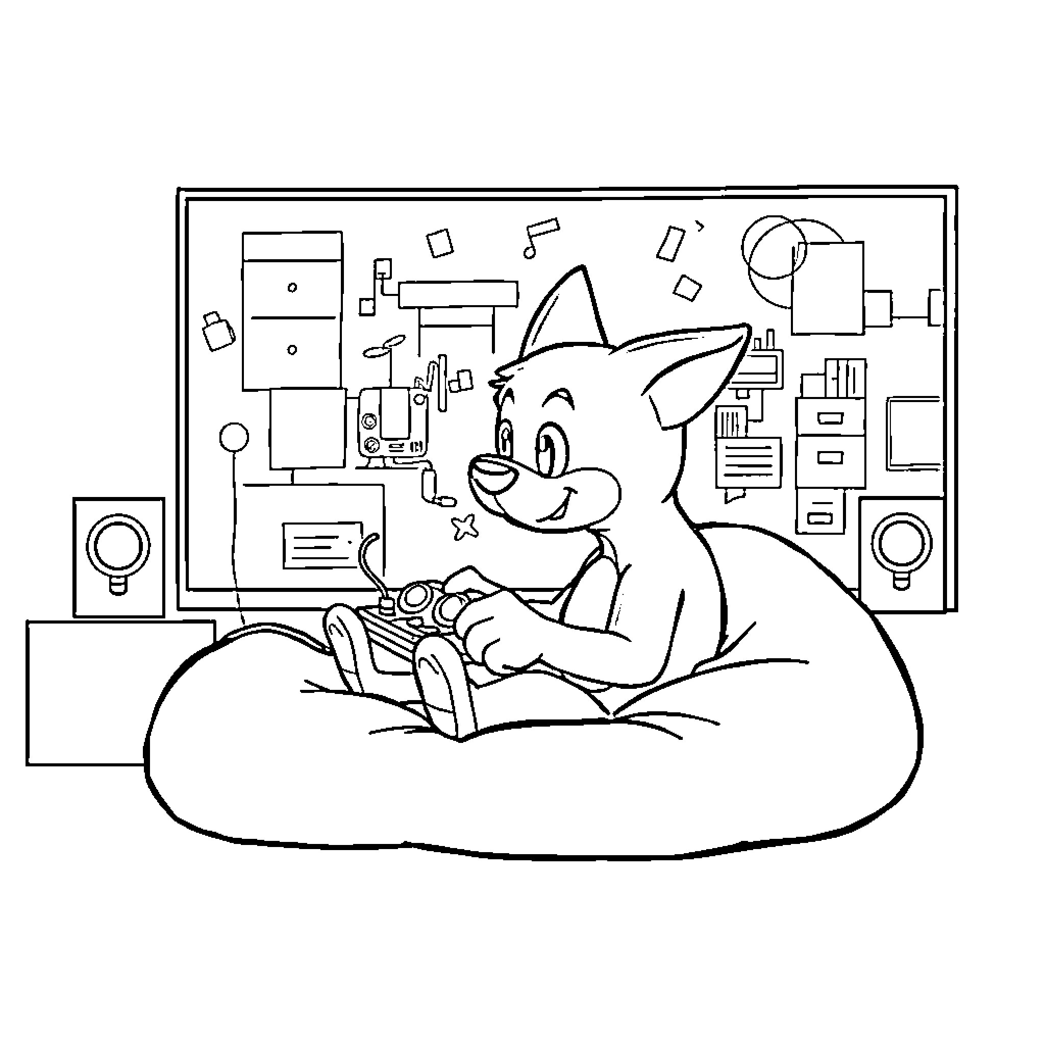Bluey having fun playing video games Coloring Page (free black-and-white line drawing printable PDF for all, from beginners to advanced learners, including children, teens, adults, and seniors)