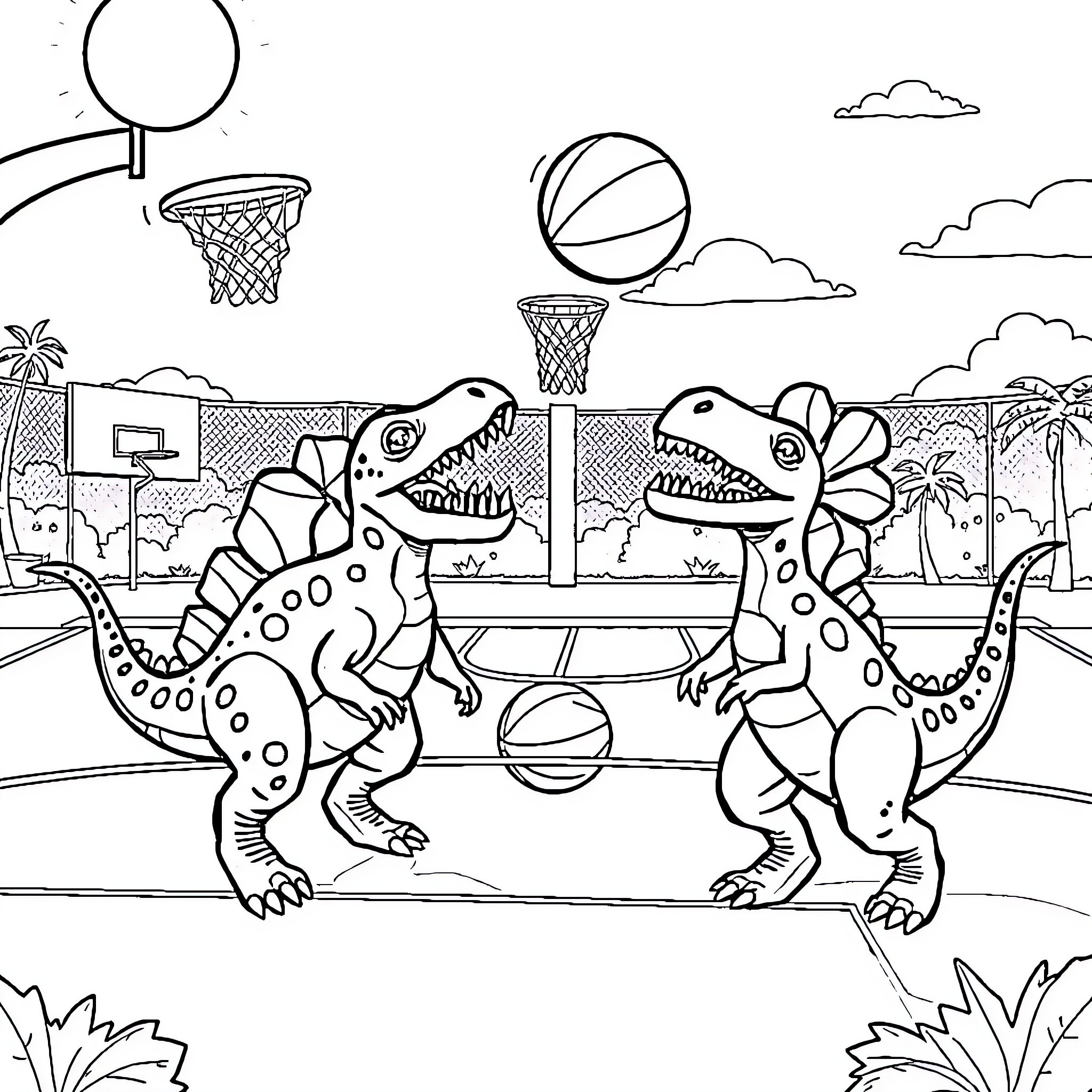 Dinosaurs playing basketball on the court Coloring Page (free black-and-white line drawing printable PDF for all, from beginners to advanced learners, including children, teens, adults, and seniors)