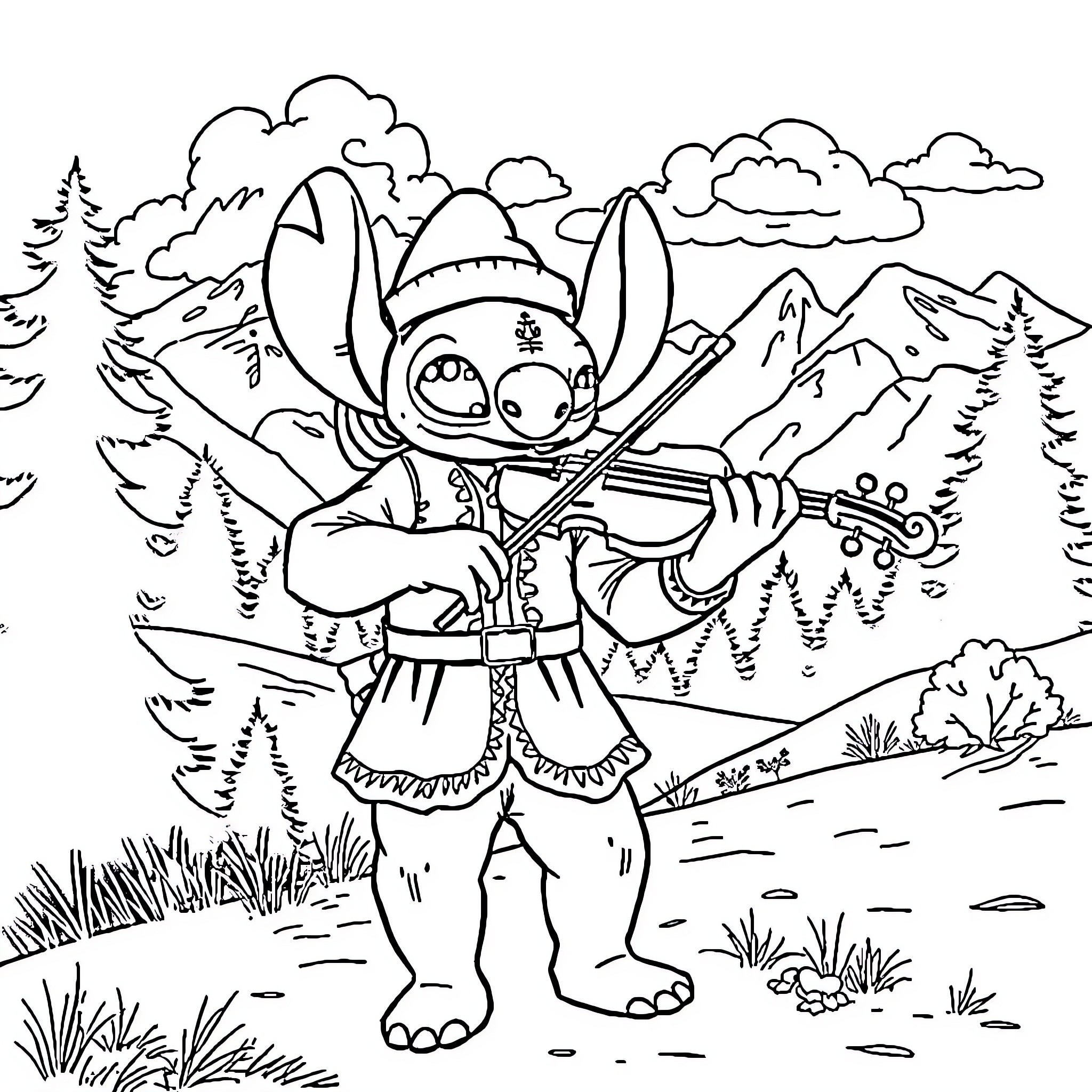 Stitch exploring the wilderness with his violin Coloring Page (free black-and-white line drawing printable PDF for all, from beginners to advanced learners, including children, teens, adults, and seniors)