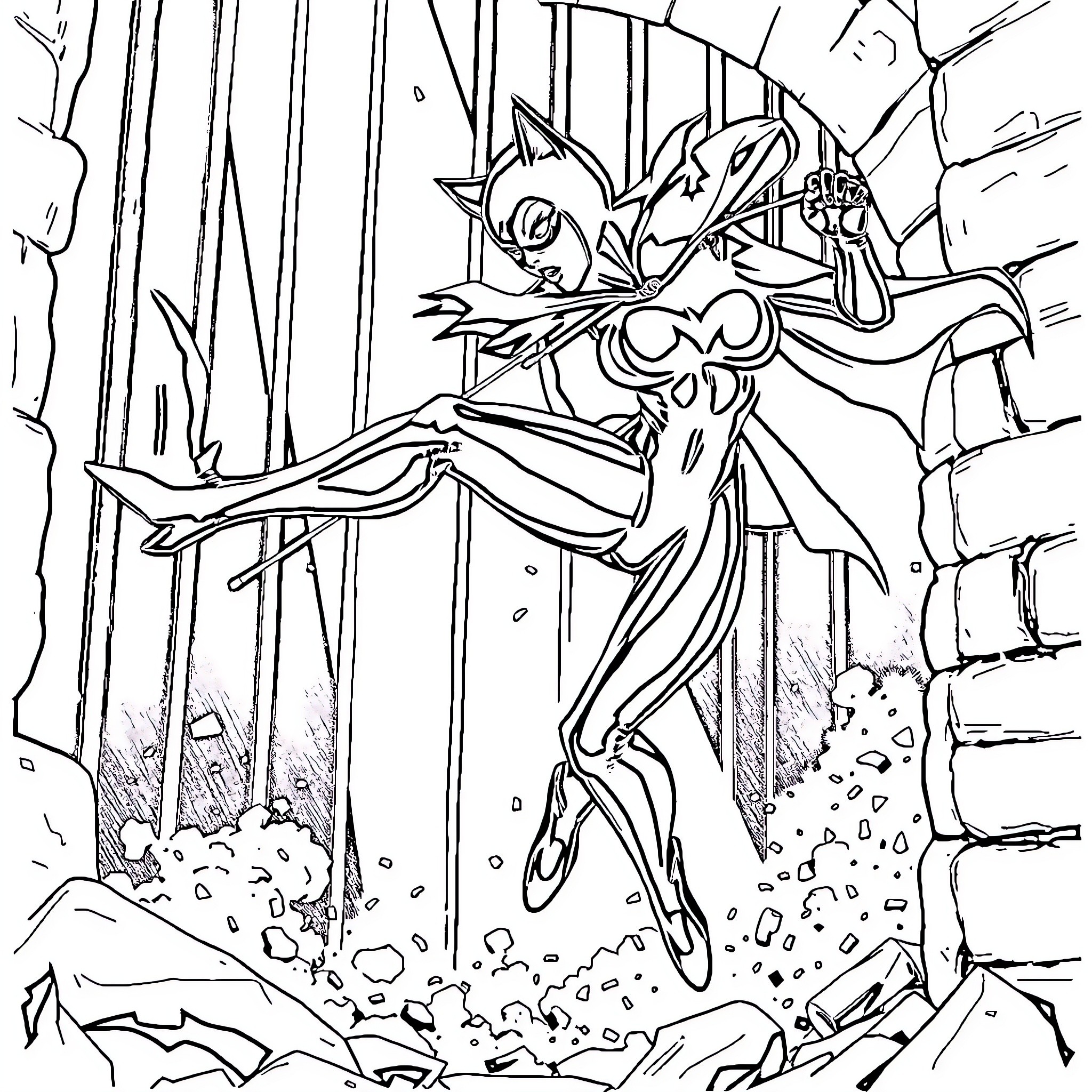 Catwoman leaping gracefully through the forest Coloring Page (free black-and-white line drawing printable PDF for all, from beginners to advanced learners, including children, teens, adults, and seniors)
