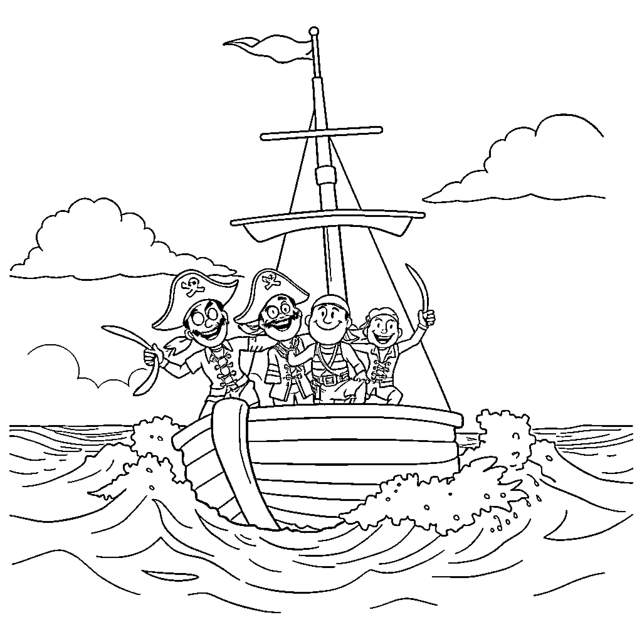 Strawhat Pirate Crew Sailing on the High Seas Coloring Page (free black-and-white line drawing printable PDF for all, from beginners to advanced learners, including children, teens, adults, and seniors)